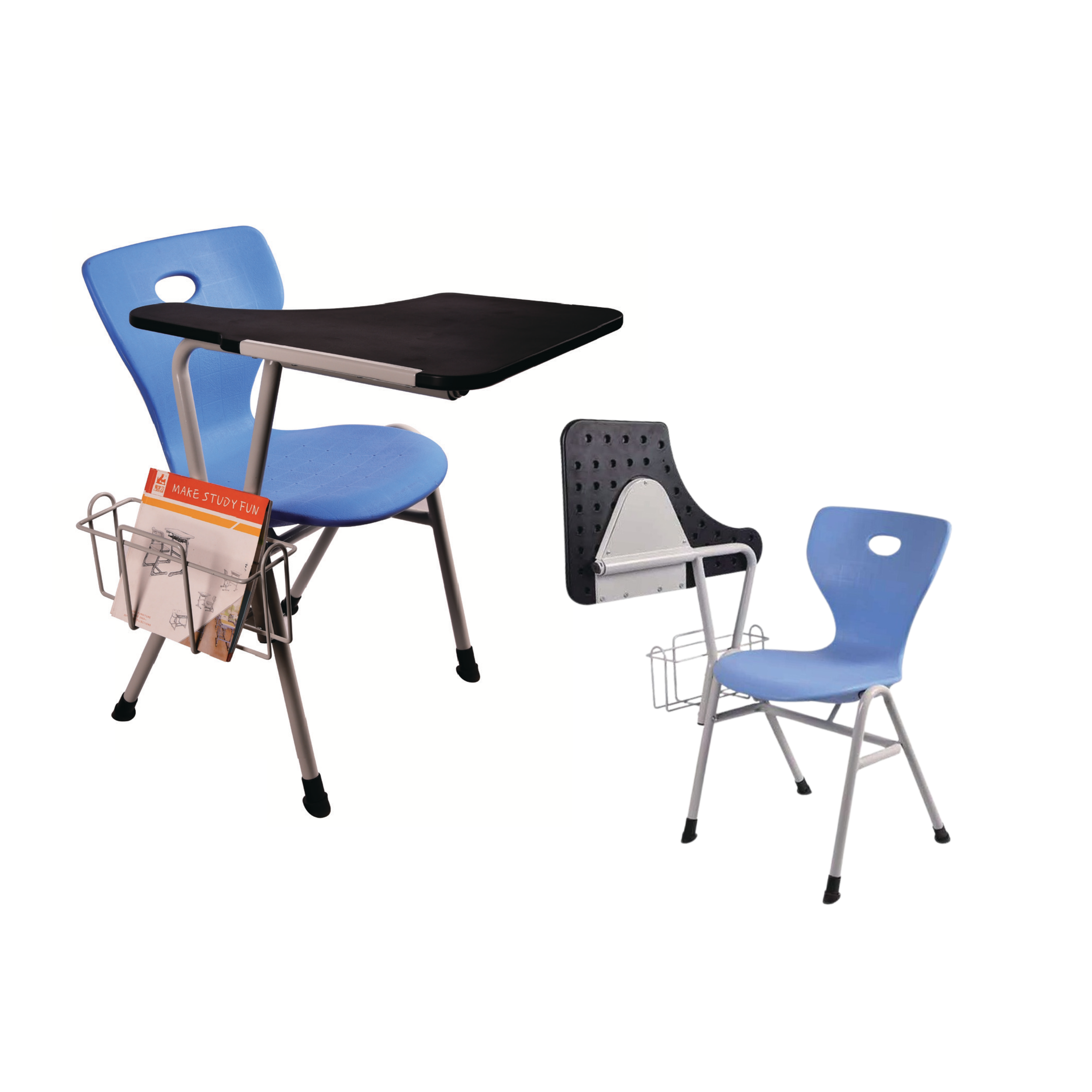 A blue school desk with an attached black writing surface and a blue plastic chair with a cutout handle in the backrest, set against a white background.
