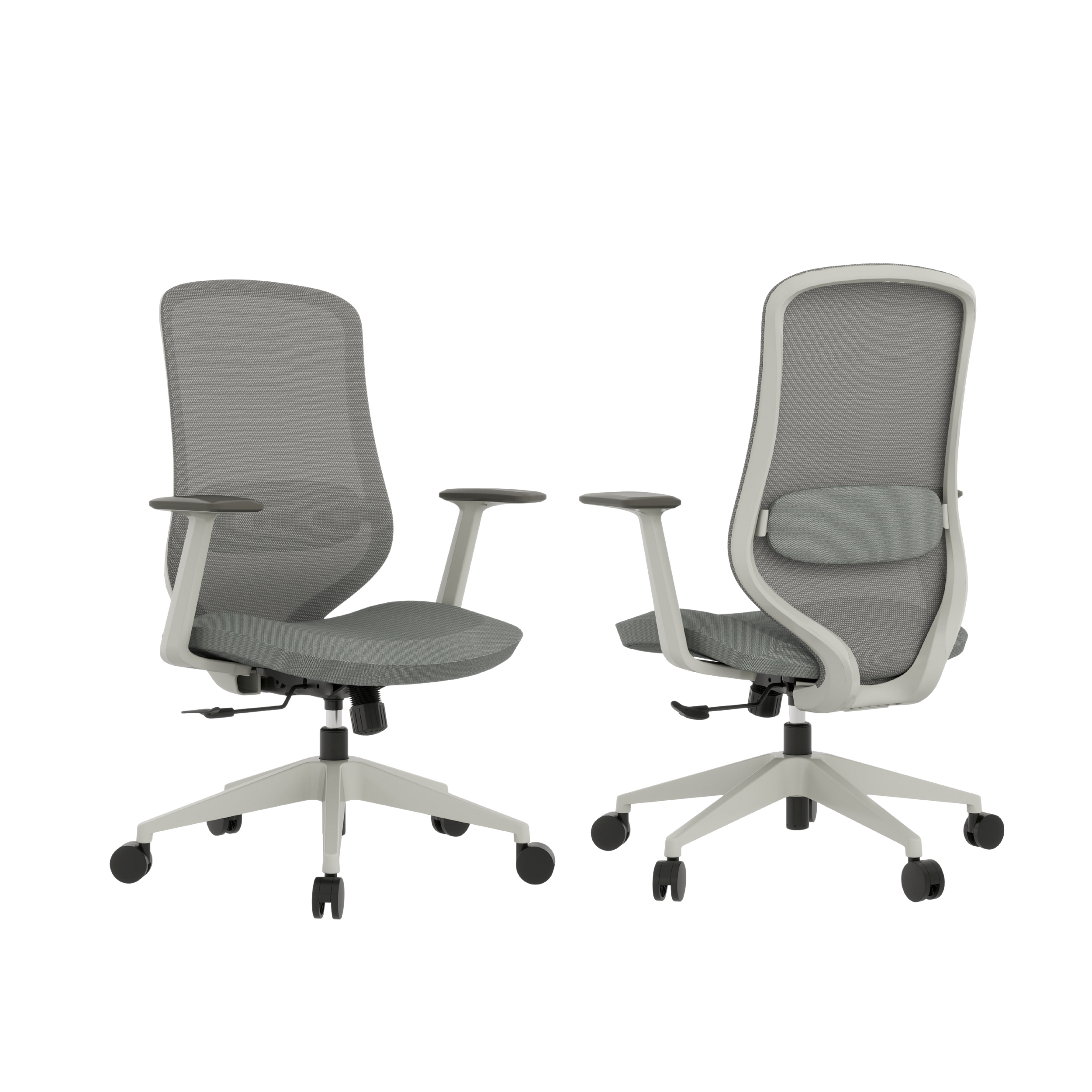 Two gray office chairs with armrests and five caster wheels, positioned facing each other around a white table, against a black background.