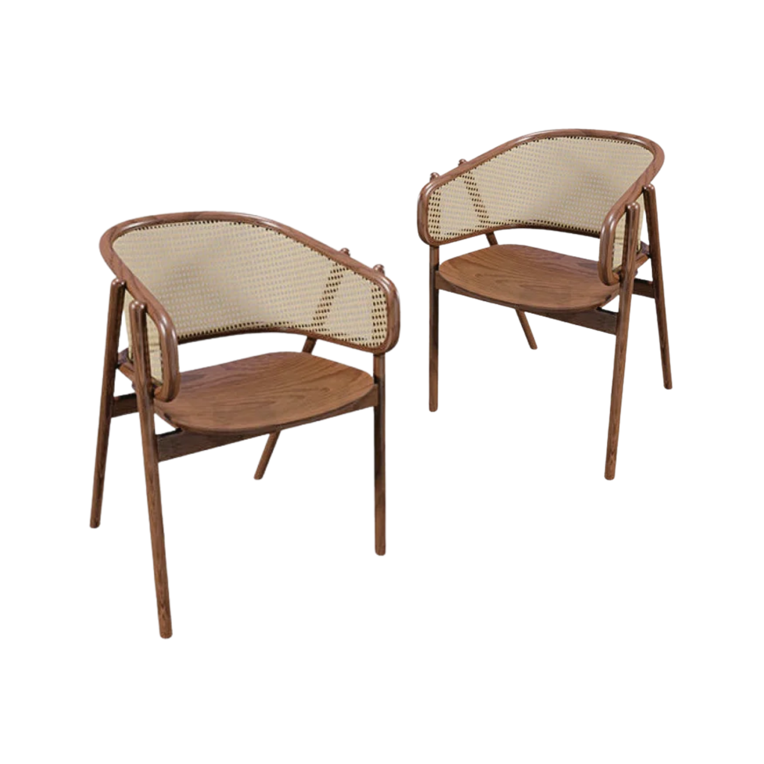 Two vintage wooden chairs with beige woven cane backs and seats against a white background.