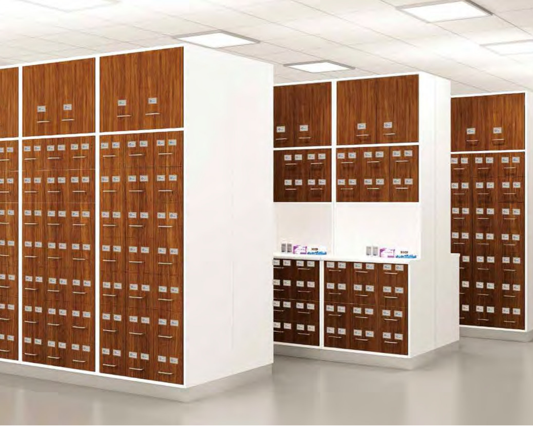 Rows of wooden lockers with metallic handles and small name tags in a clean, well-lit room, likely a locker room or storage area.