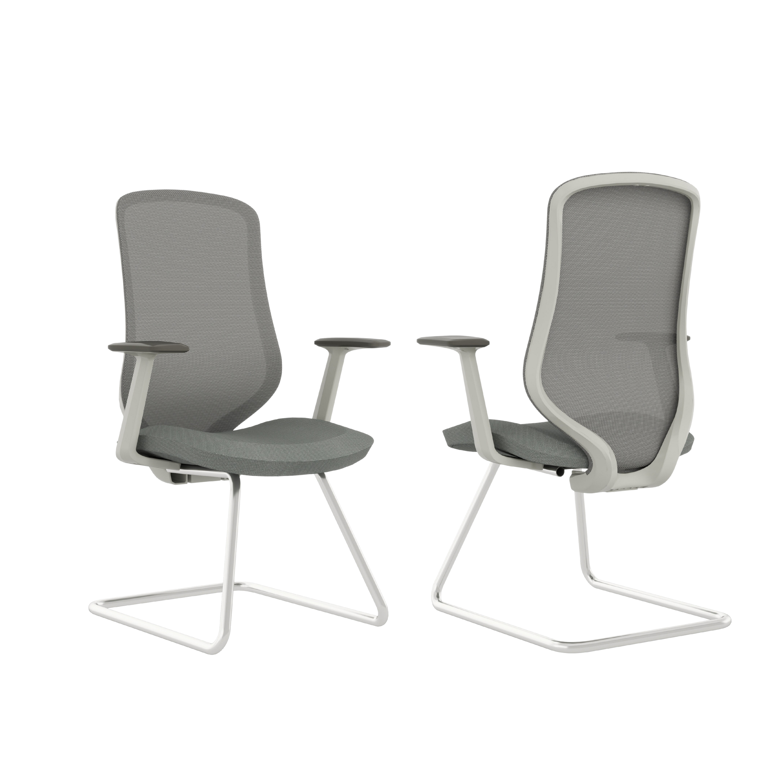 Two modern gray office chairs with high backrests and white frames, viewed from the front.