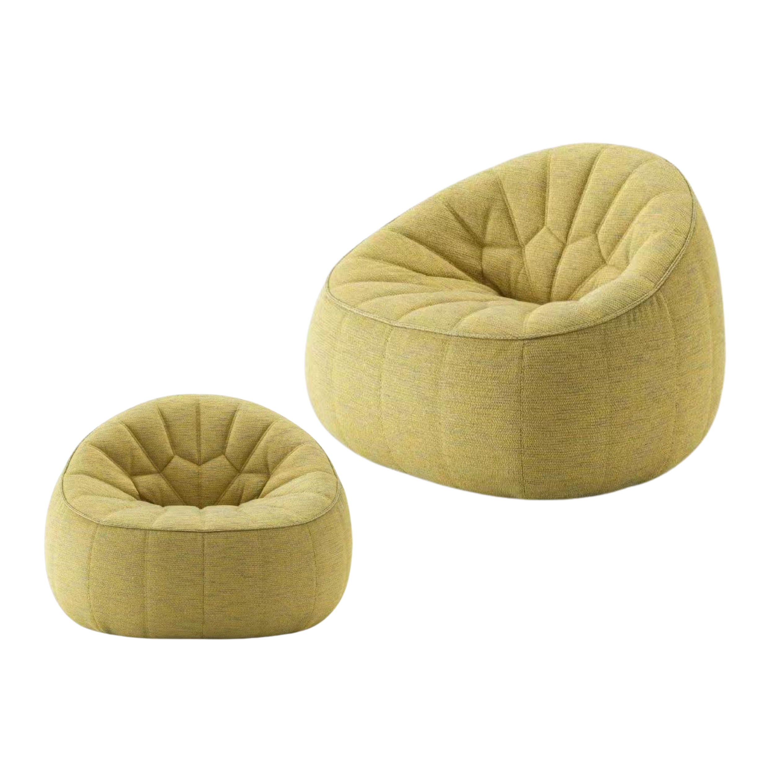 Three yellow, textured, rounded chairs with tufted cushions on a white background.