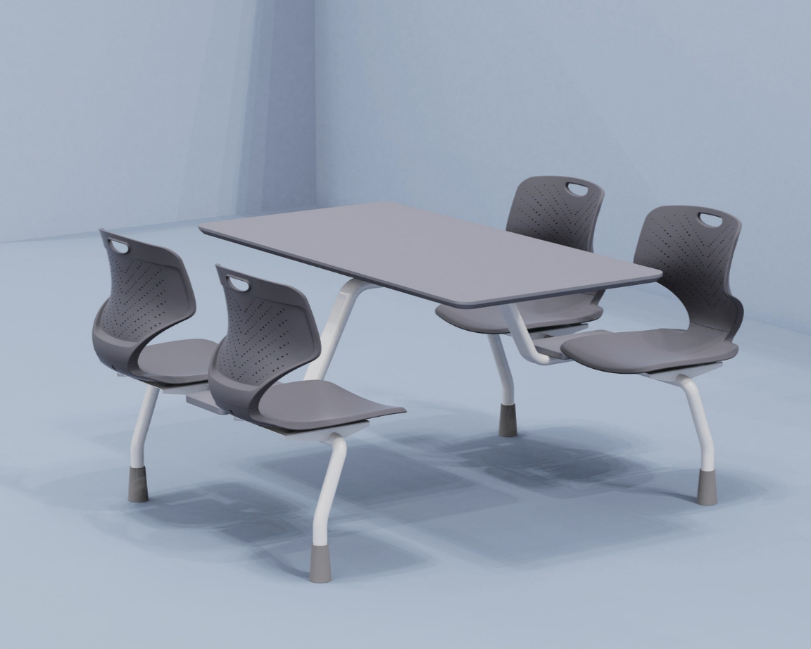 A modern gray table with four matching gray chairs in a room with light blue walls and floor.
