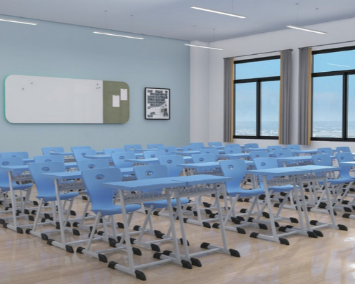 Empty classroom with blue desks and chairs, large windows showing a city view, and a whiteboard on the front wall.