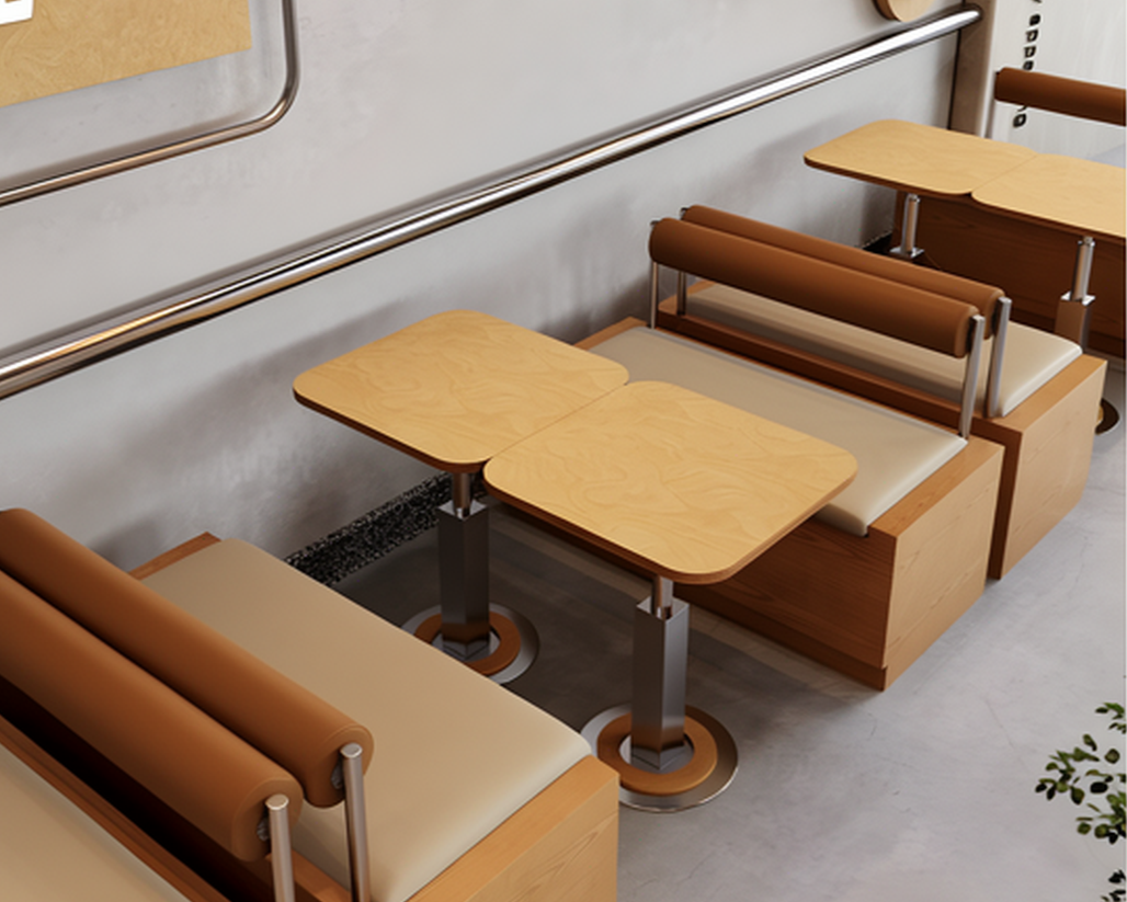 Empty booth seating with wooden tables and padded bench seats in a modern cafe or restaurant.