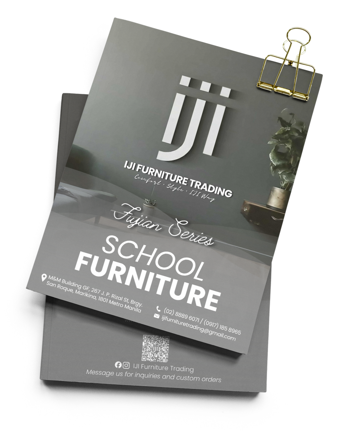 A flyer for JJI Furniture Trading showcasing school furniture from the Fujian Series, with the company's logo, contact information, and an address in Manila. The flyer features a background image of a modern interior with a potted plant and a filing cabinet.