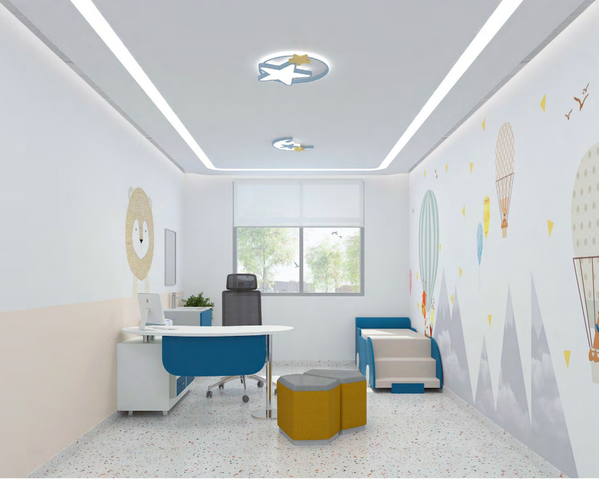 A brightly lit modern office or clinic room with children's decor on the walls, a white desk with a computer and chair, and a window showing green trees outside.