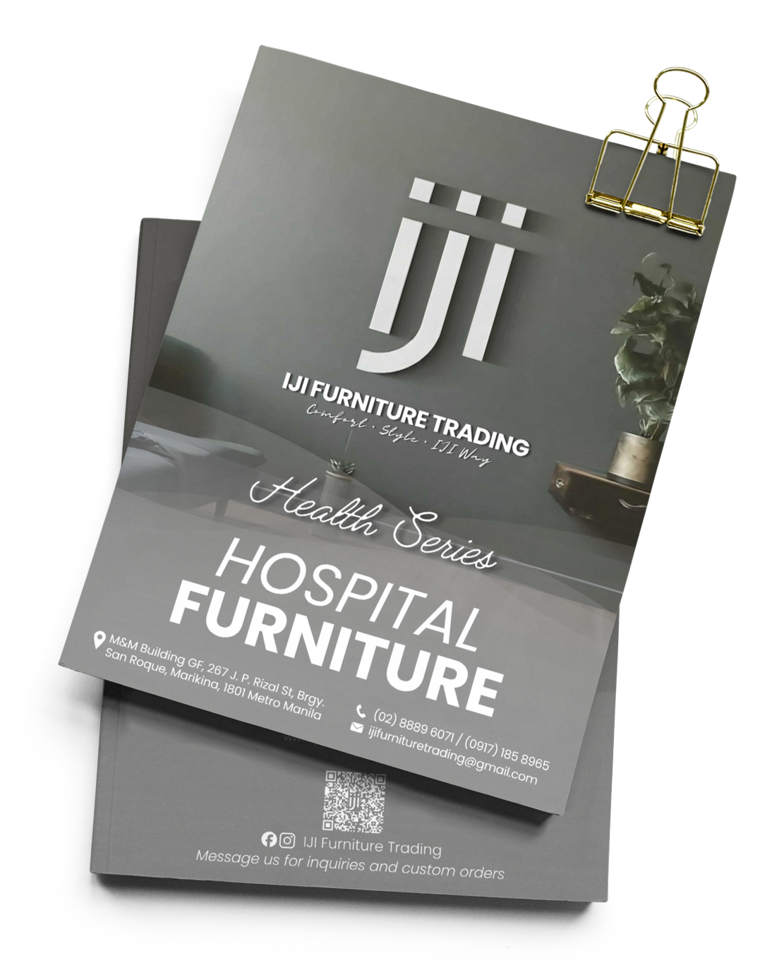 Business card for IJI Furniture Trading, featuring the company logo and contact information, promoting hospital furniture and health series, with social media icons and a QR code.