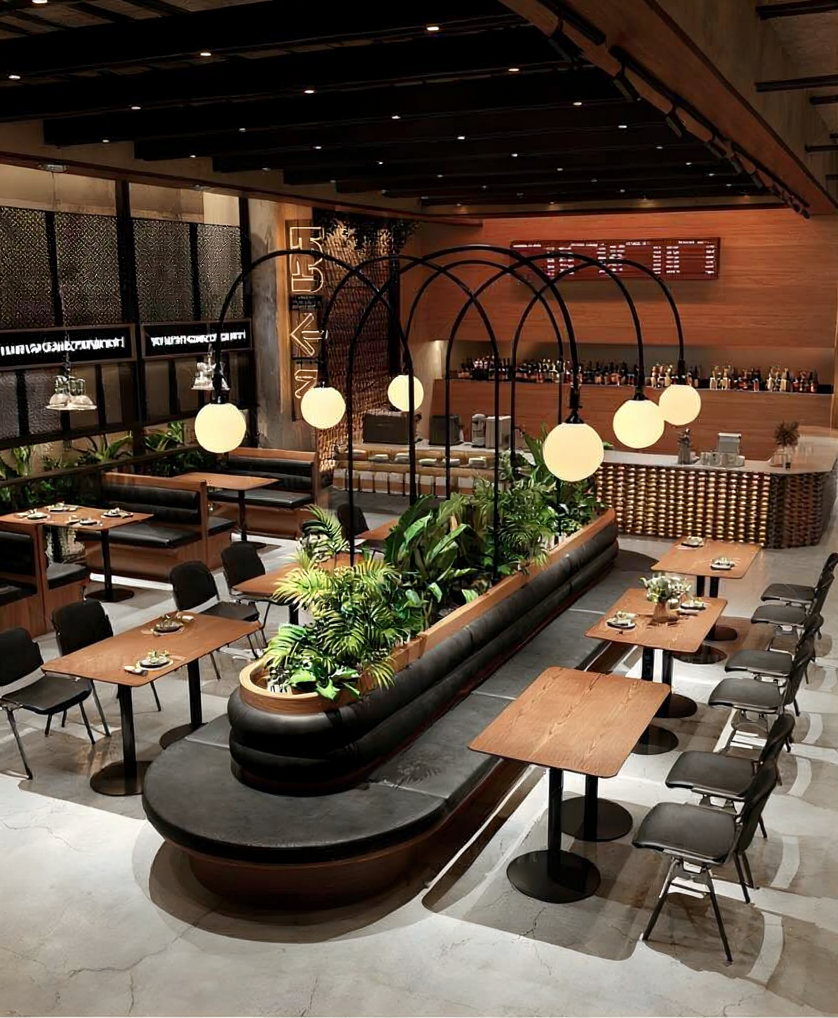 Interior of a modern restaurant or bar with wooden tables, black chairs, and a curved black seating area with plants. Hanging globe lights above the central seating area, and a bar area with bottles in the background.