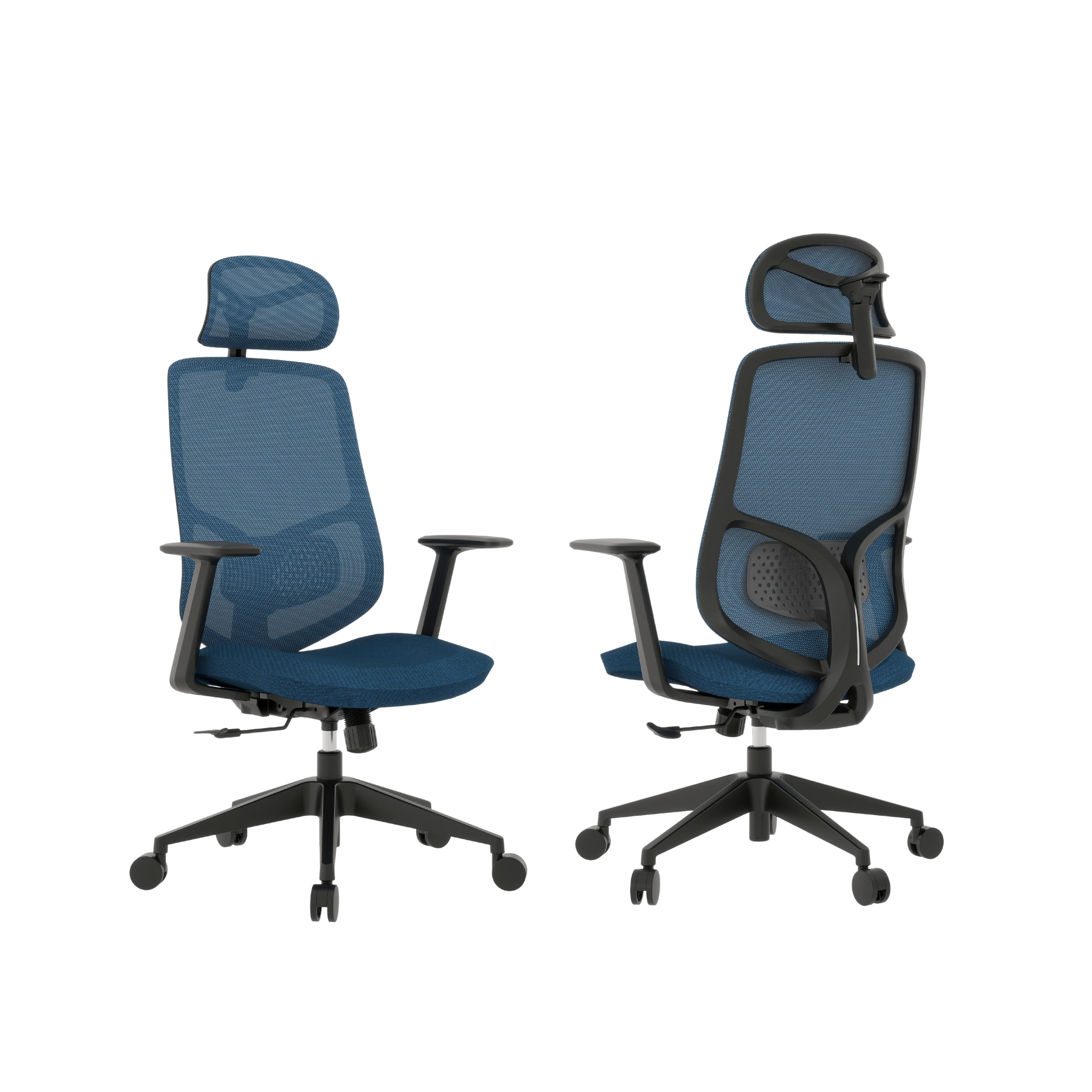 A collection of blue and gray office chairs arranged around a transparent glass conference table.