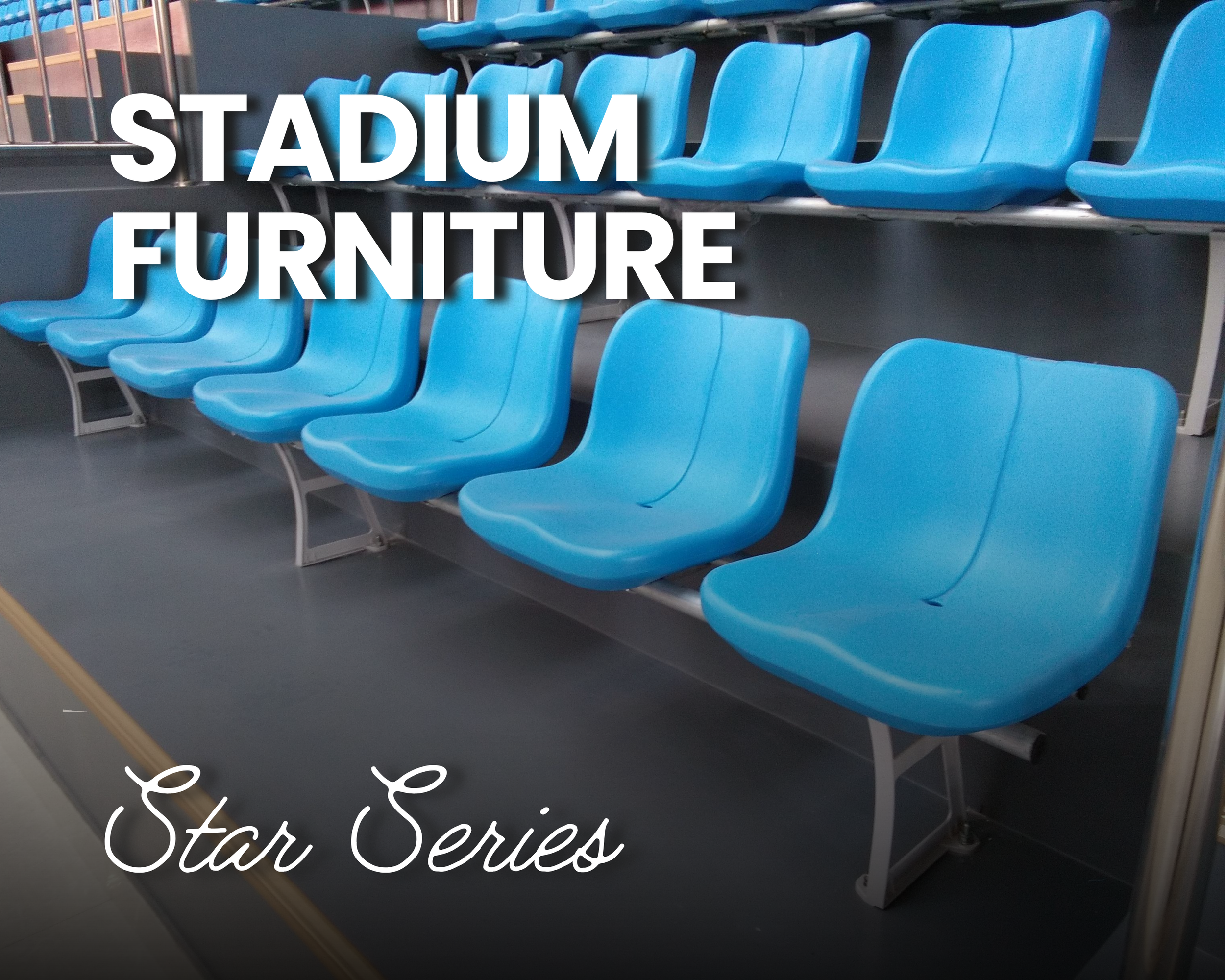 Blue stadium seats with a partial view of a railing and some text overlay reading 'STADIUM FURNITURE'.