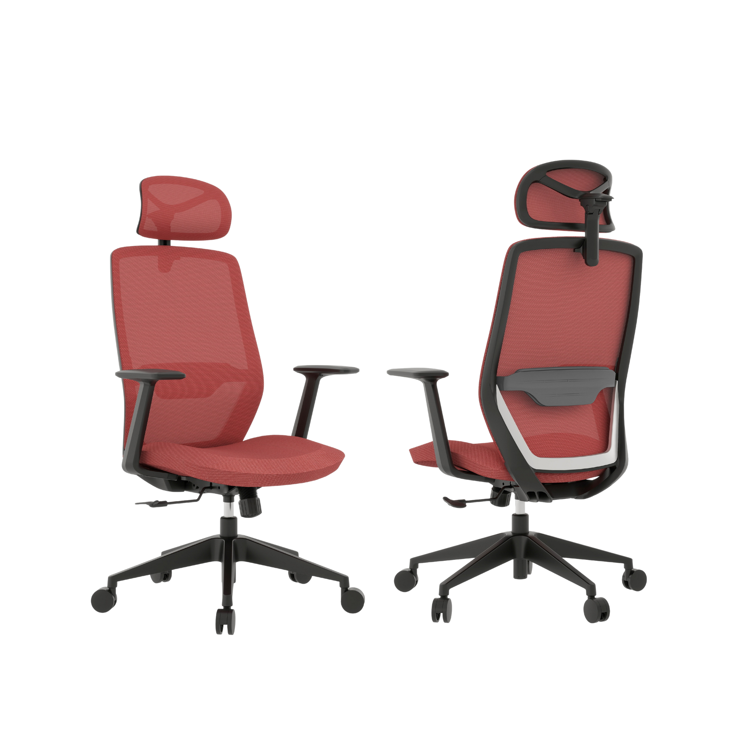 Three red office chairs with black and gray accents arranged in a semi-circle on a black background.
