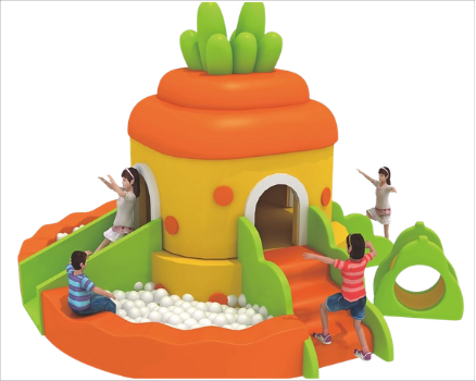 Children playing on a colorful indoor playground with a castle shape, slides, and ball pit.