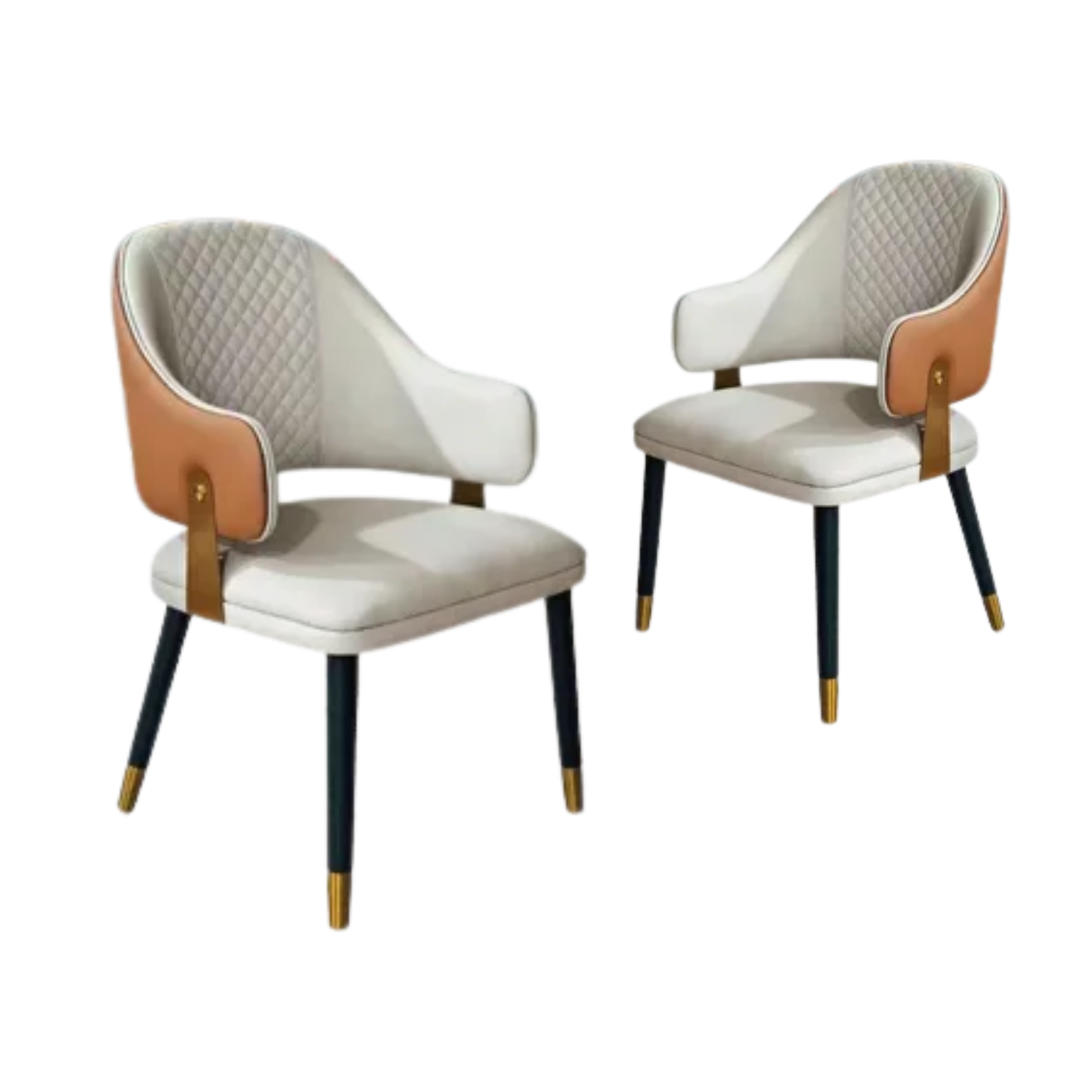 Pair of modern white accent chairs with quilted backrests, wooden armrests, and black tapered legs with gold tips.