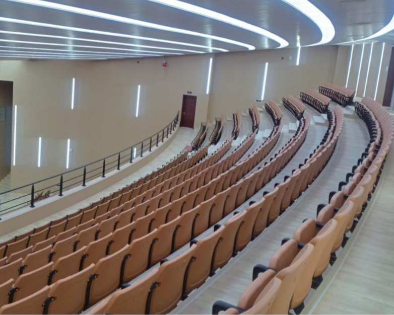 Empty modern auditorium or lecture hall with curved rows of peach-colored seats and a sleek, curved ceiling with white lighting.