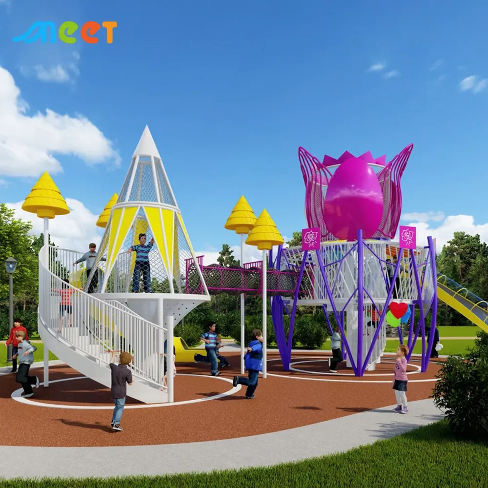 Children playing on a colorful playground with yellow, purple, and pink structures shaped like flowers and rockets in a park. Green trees and a blue sky with clouds are in the background.