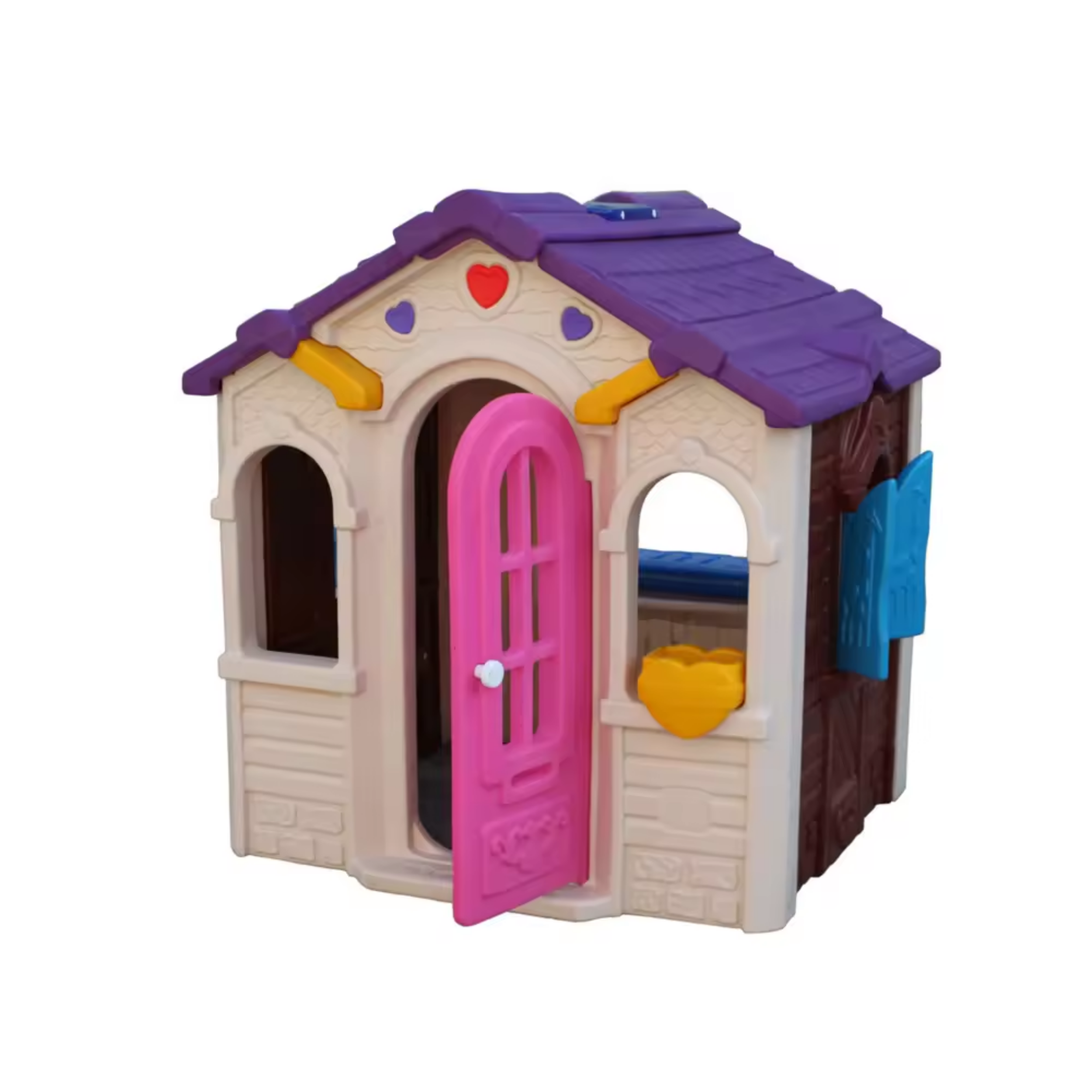 Colorful plastic dollhouse with purple roof, pink door, and heart-shaped windows, isolated on white background.