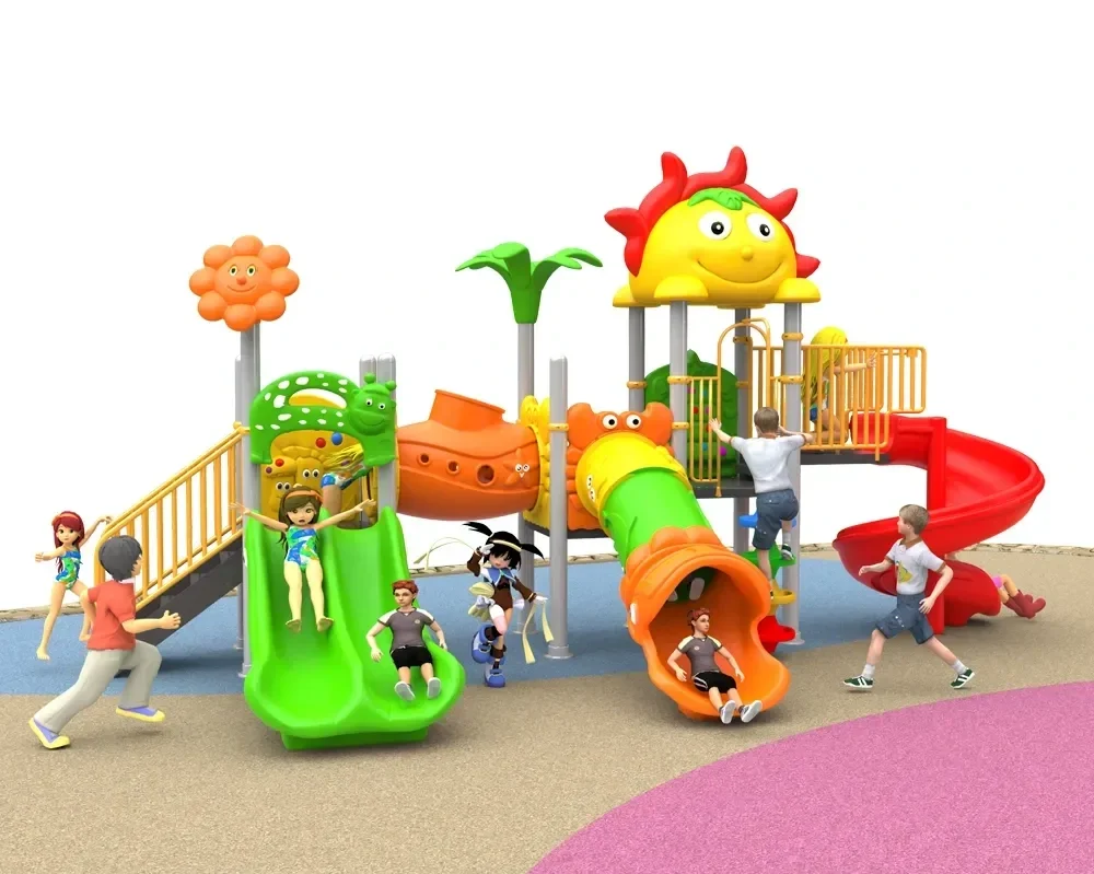 Colorful playground with slides, climbing structures, and children playing under adult supervision.