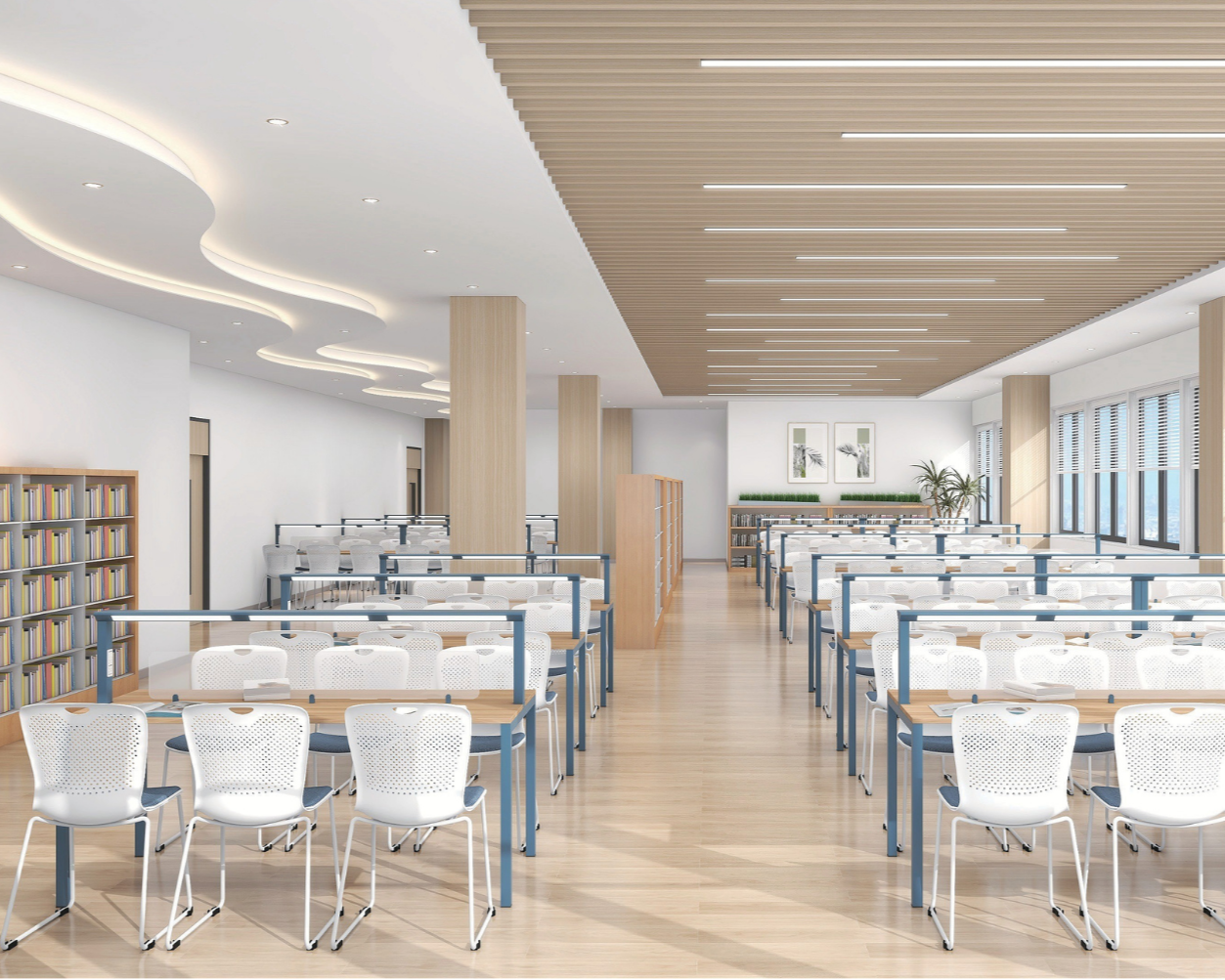 A modern, spacious library or study area with rows of white chairs and desks, wooden bookshelves, large windows with blinds, and decorative framed art on the walls.