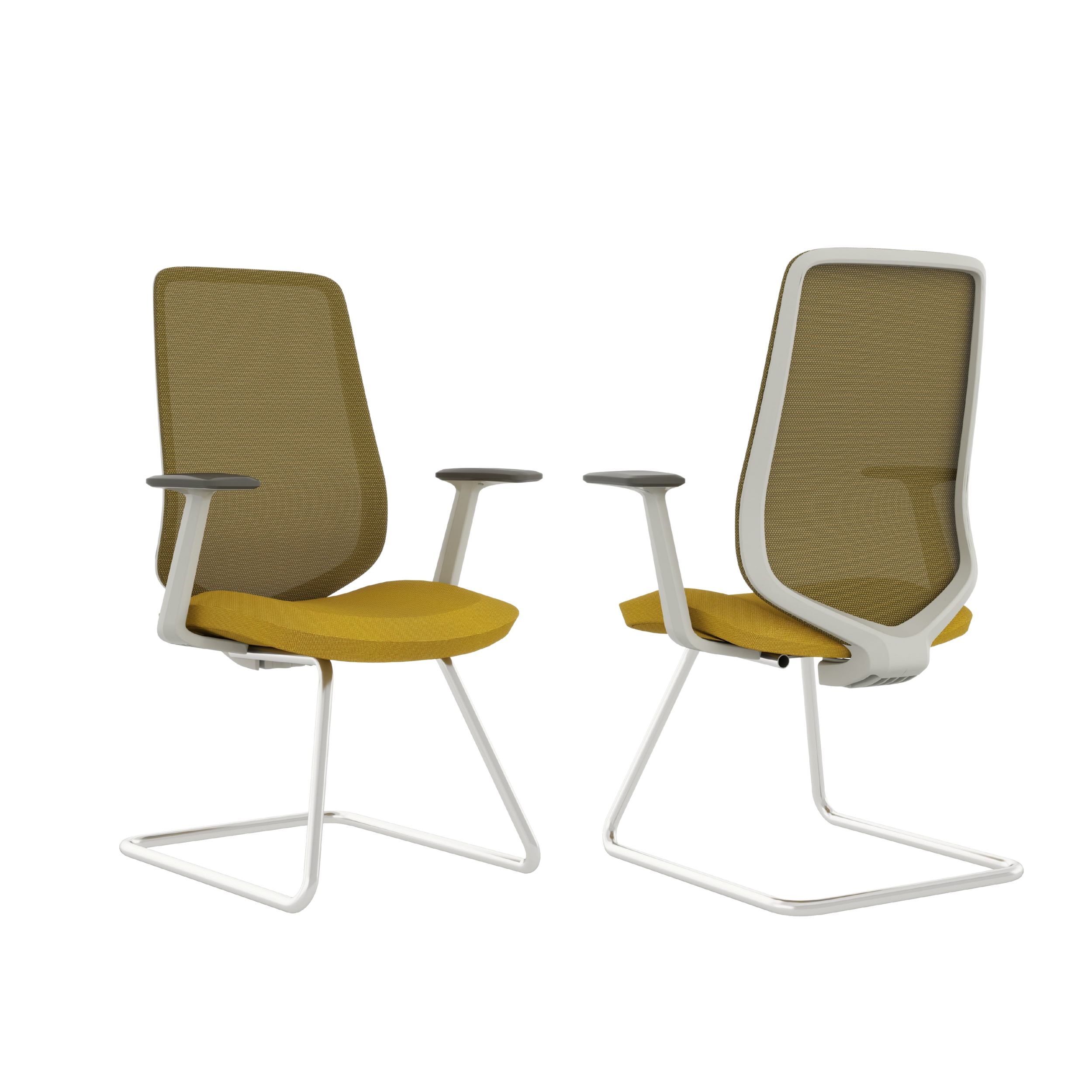 Two chairs with light brown mesh backs and yellow seats.