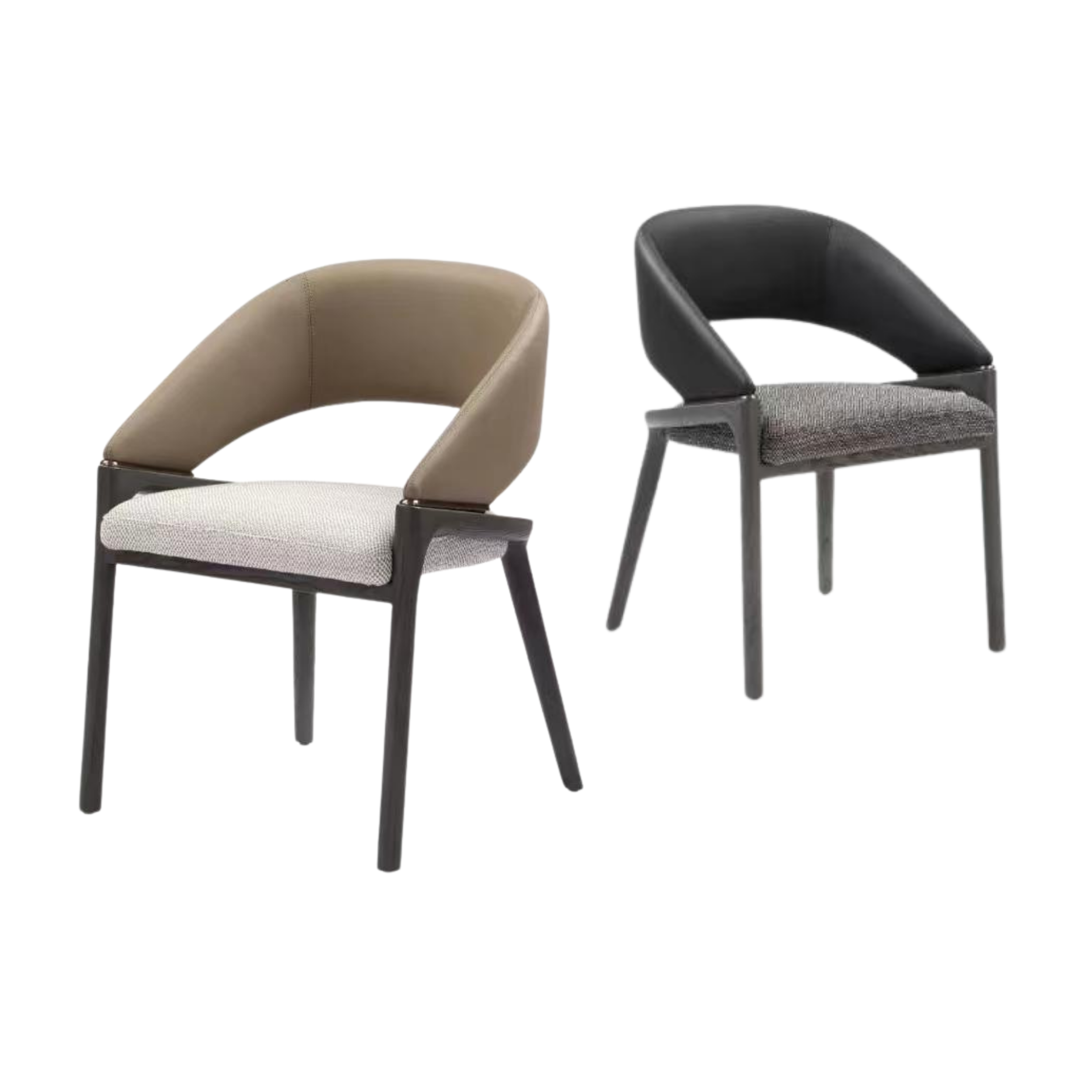 Two modern chairs with black and beige upholstery, one with a curved backrest and the other with a rounded seat, set against a white background.