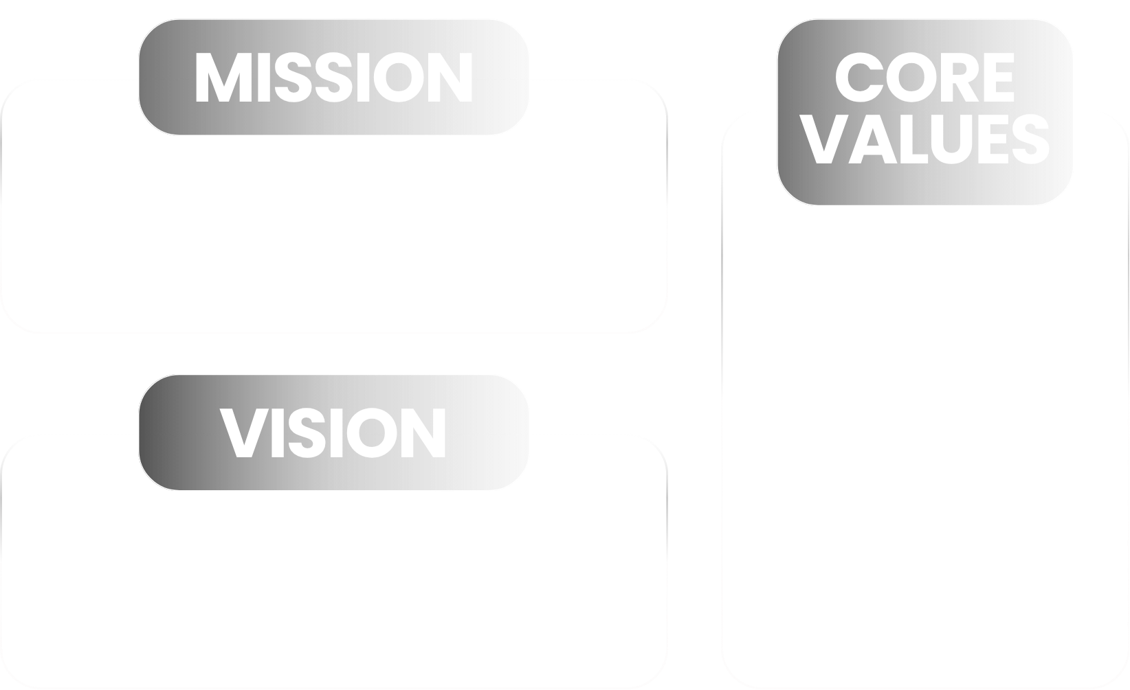 A grayscale infographic outlining a company's core elements, including Mission, Core Values, and Vision, with each section labeled in large bold text.