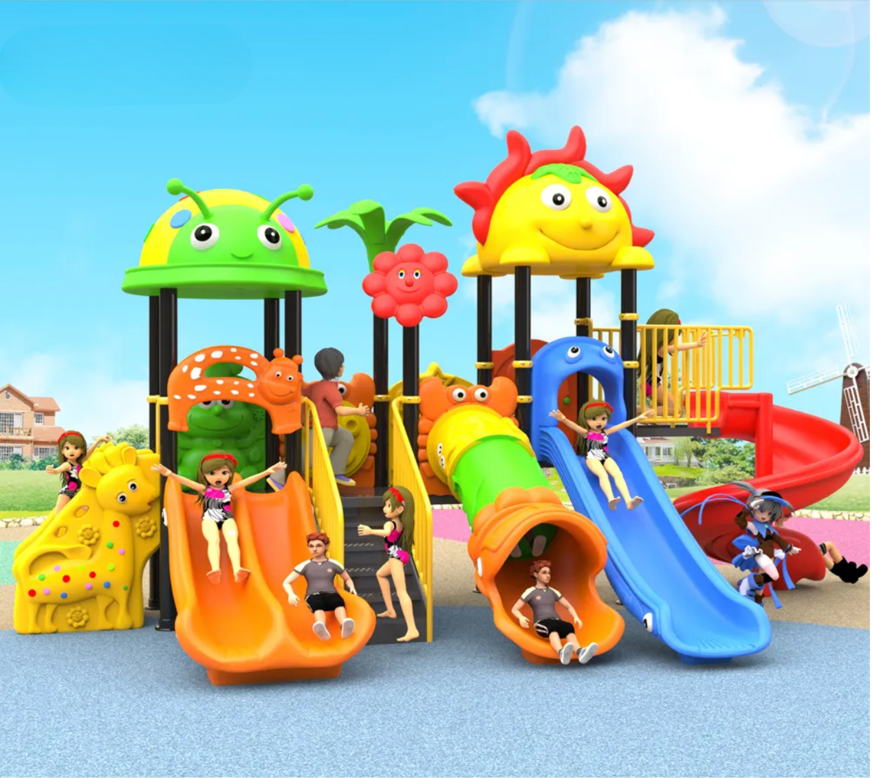 Colorful children's playground with slides, climbing structures, and cartoon animal themes, with kids playing.