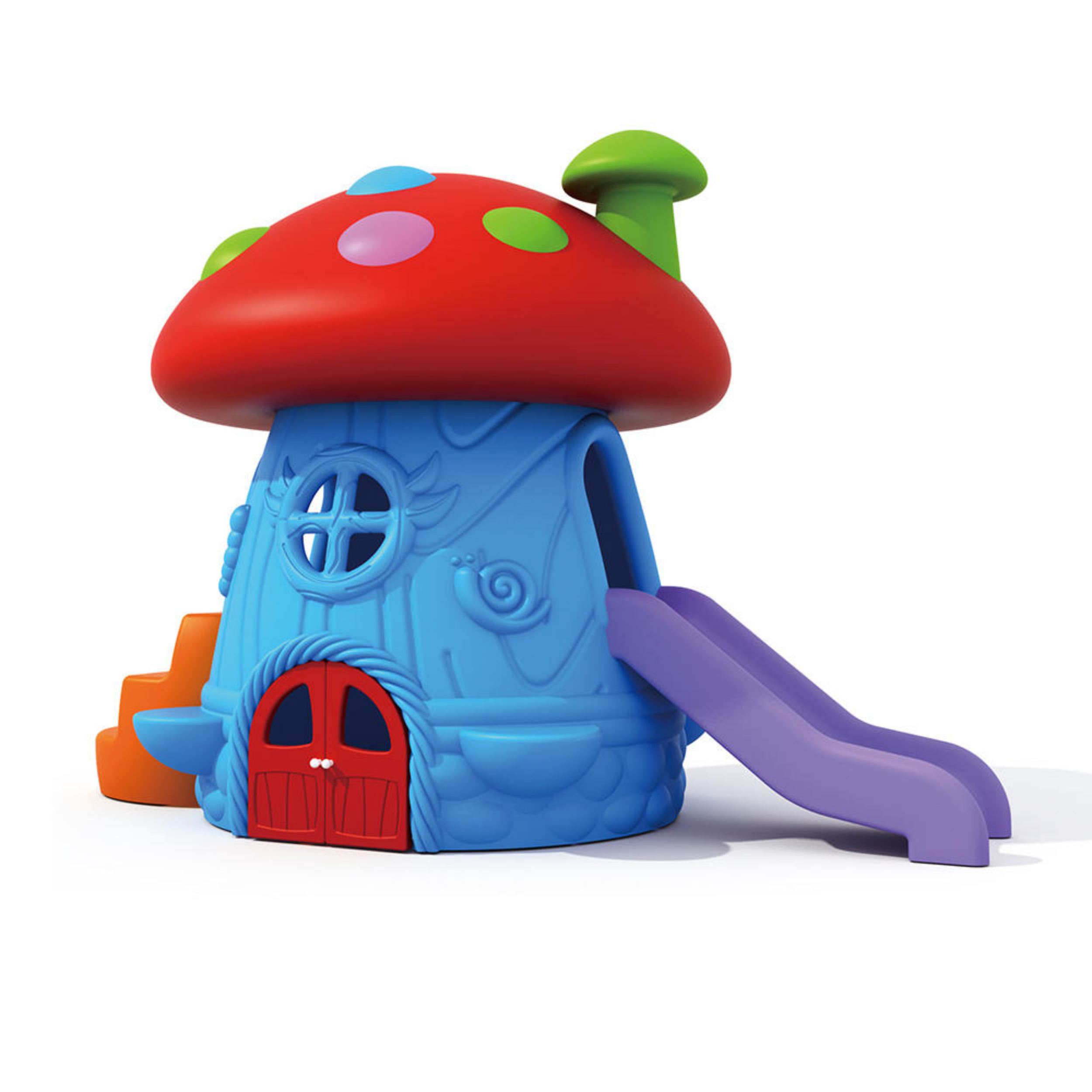 Colorful toy house with a mushroom-shaped roof, blue walls with a clock and spiral design, orange stairs, and purple slide.