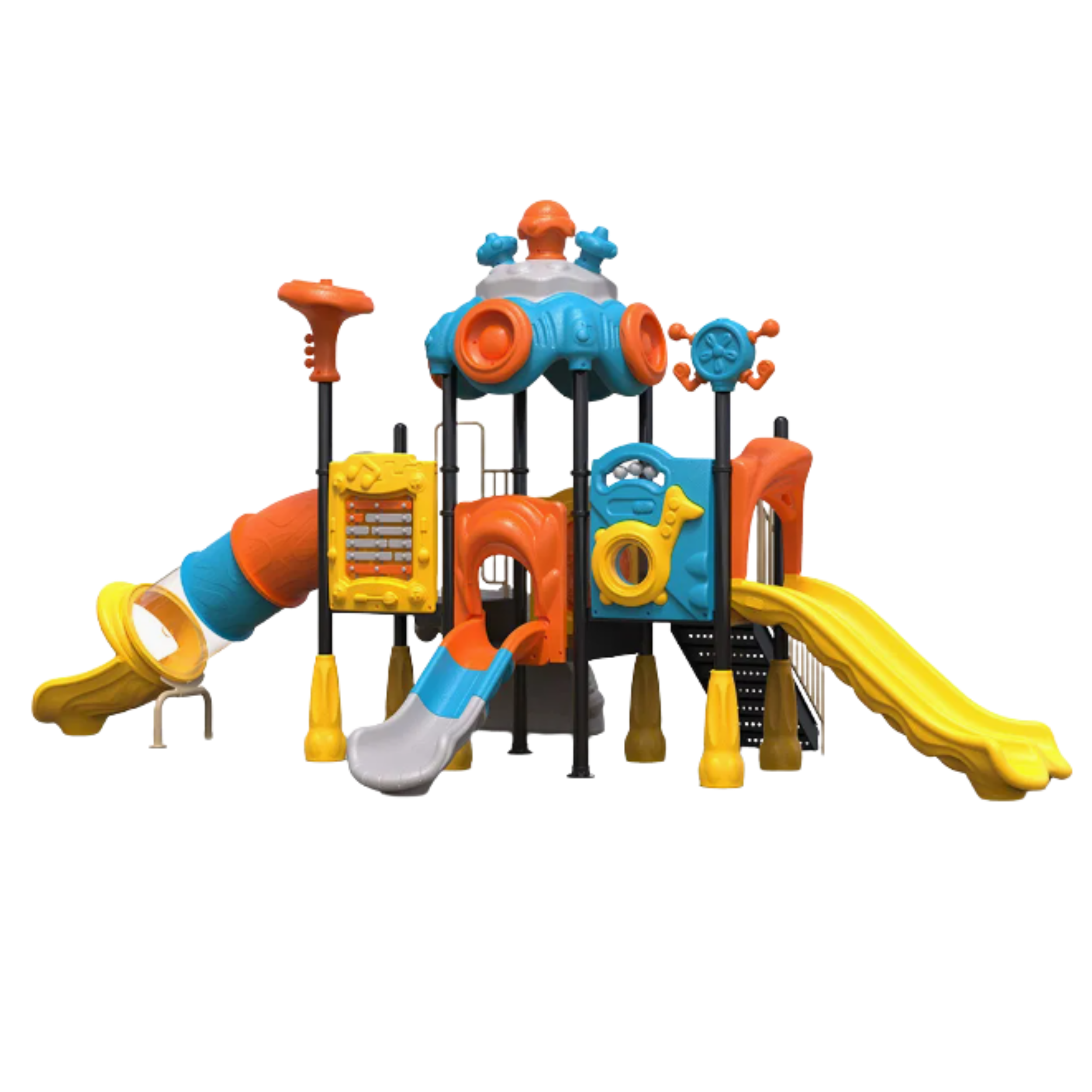 Colorful playground structure with slides, climbing steps, and activity panels on a white background.