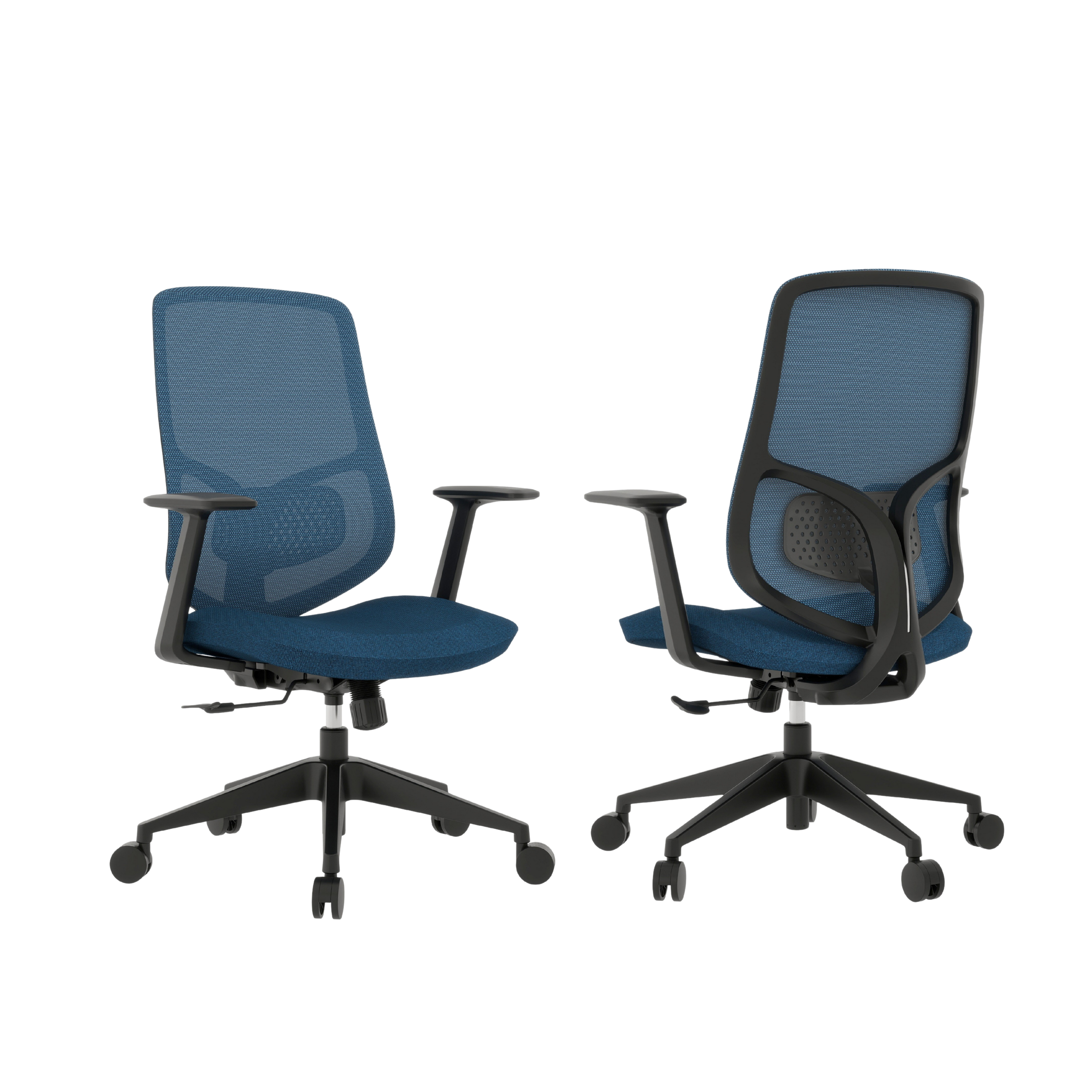 Two office chairs facing each other, one with a blue mesh backrest and the other with a black frame and a blue mesh seat.