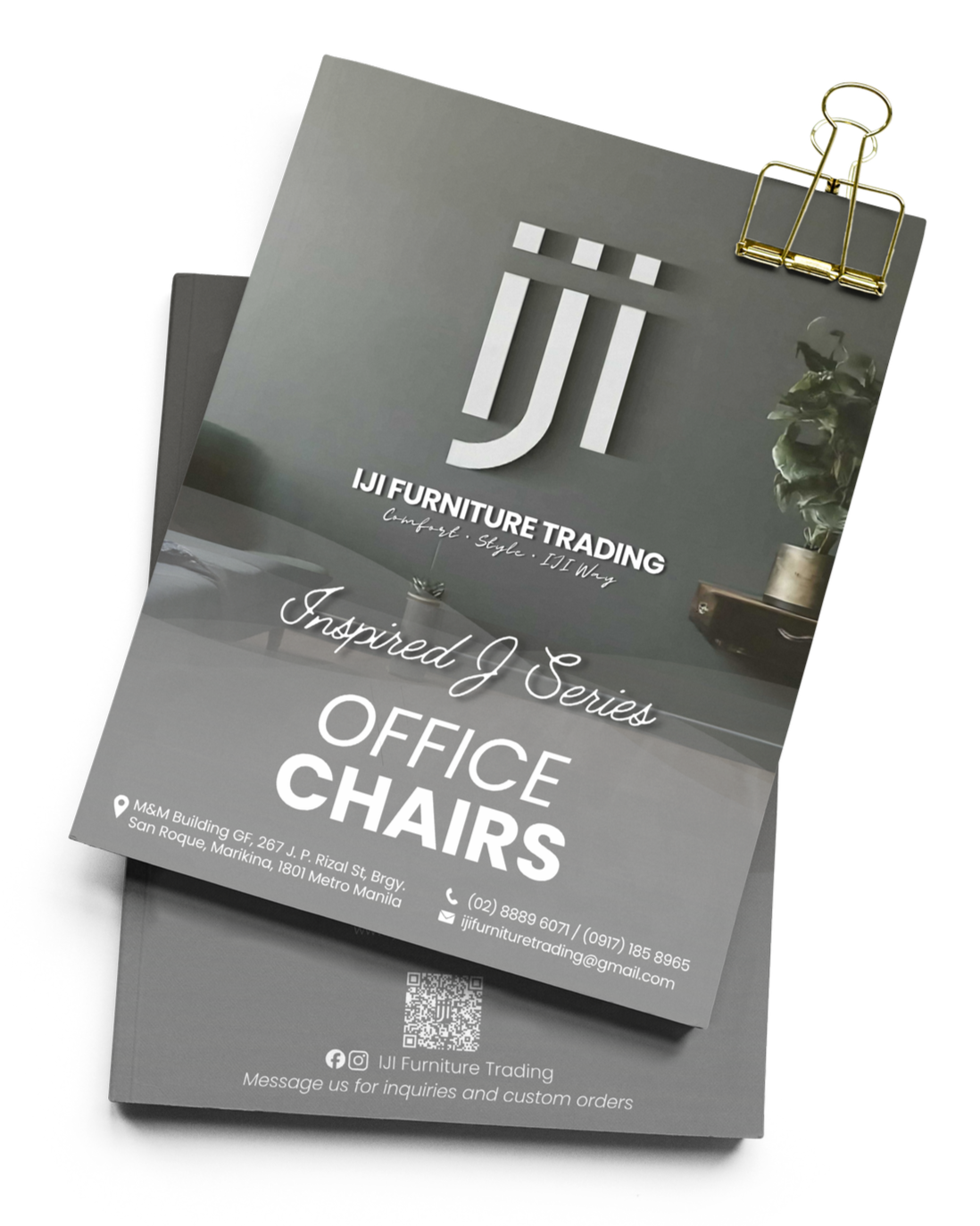 Flyer for IJI Furniture Trading, advertising office chairs, with contact information and location details.