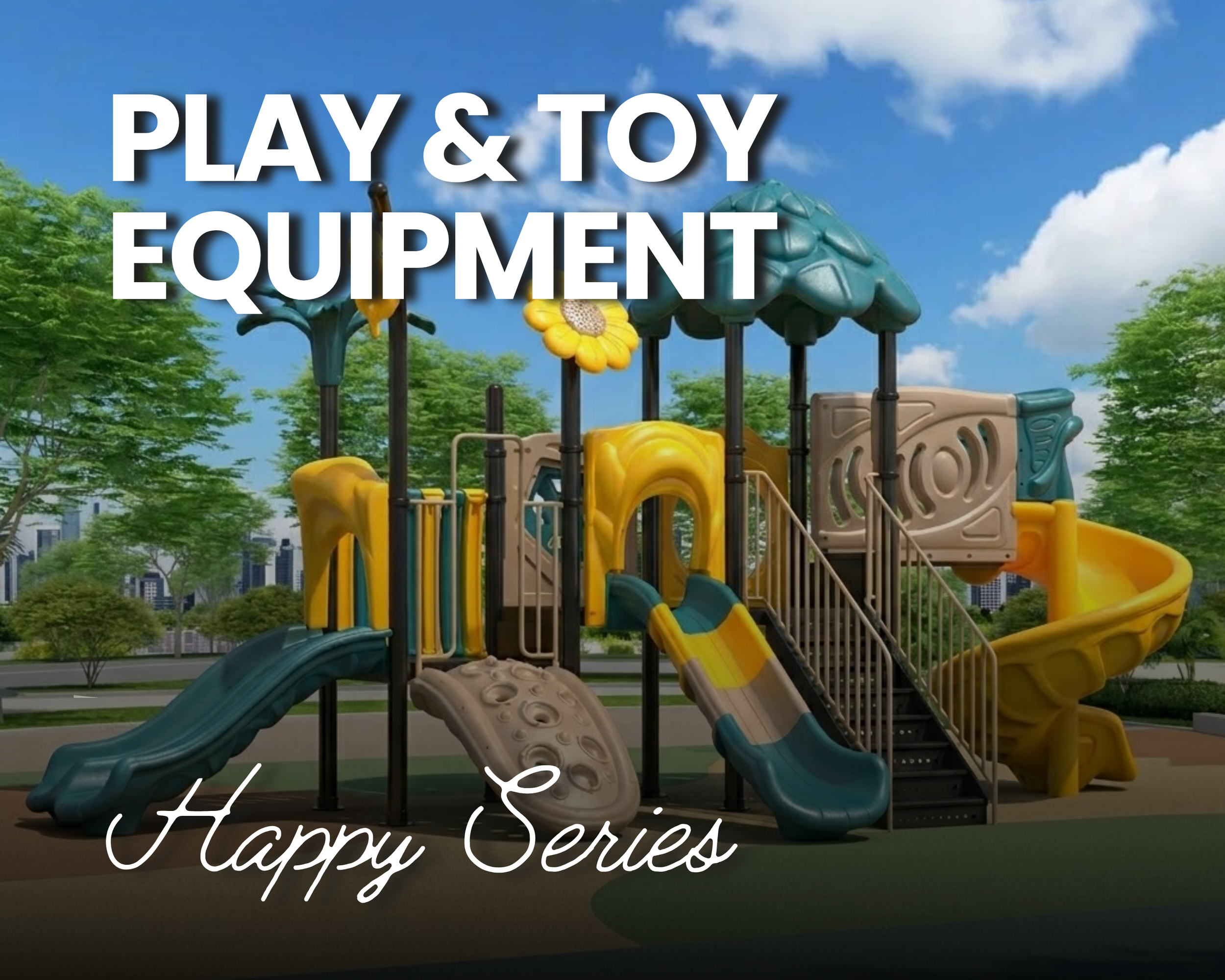 Colorful playground with slides and climbing structures outdoors on a sunny day with green trees and a clear blue sky.