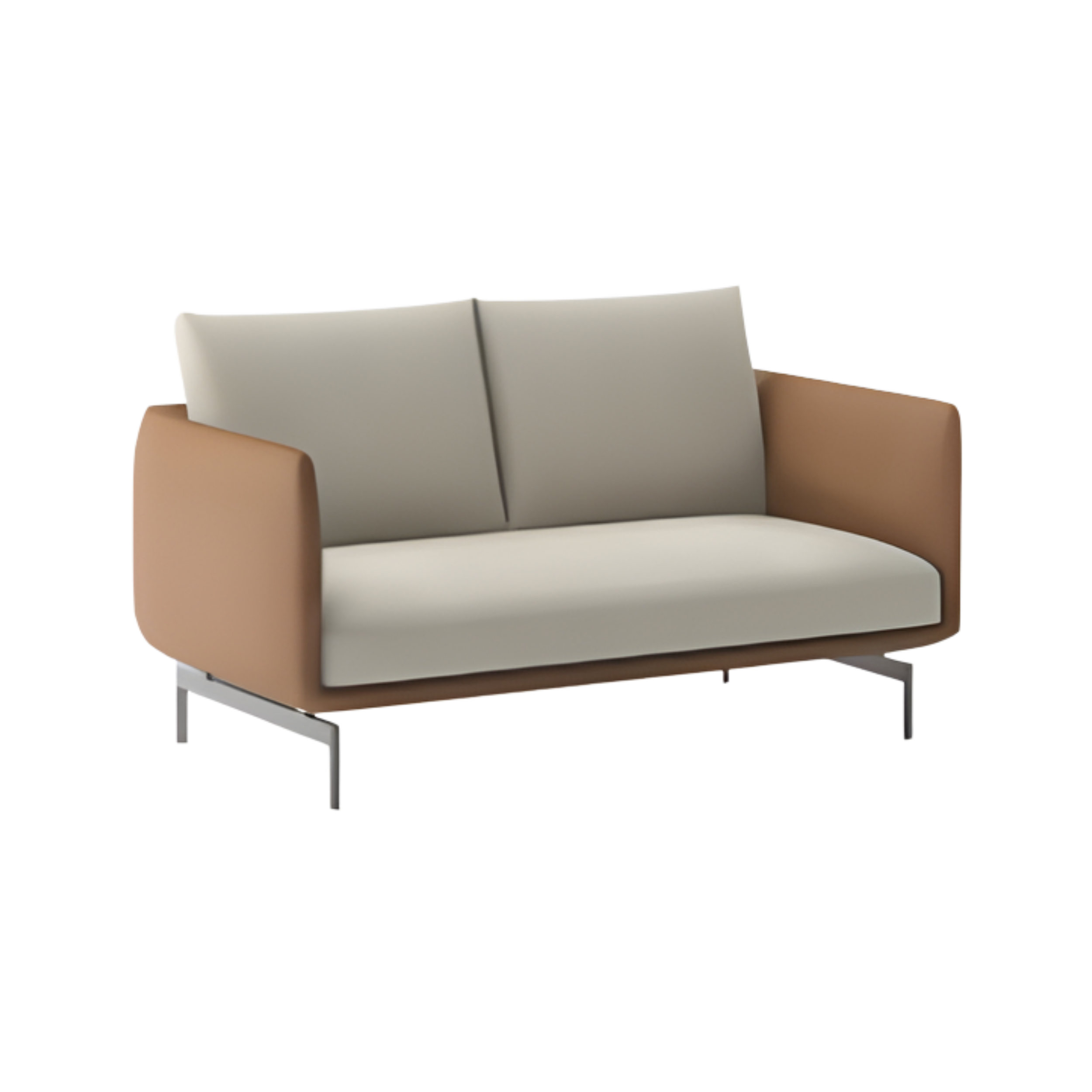 A modern sofa with beige and white cushions on a black background.