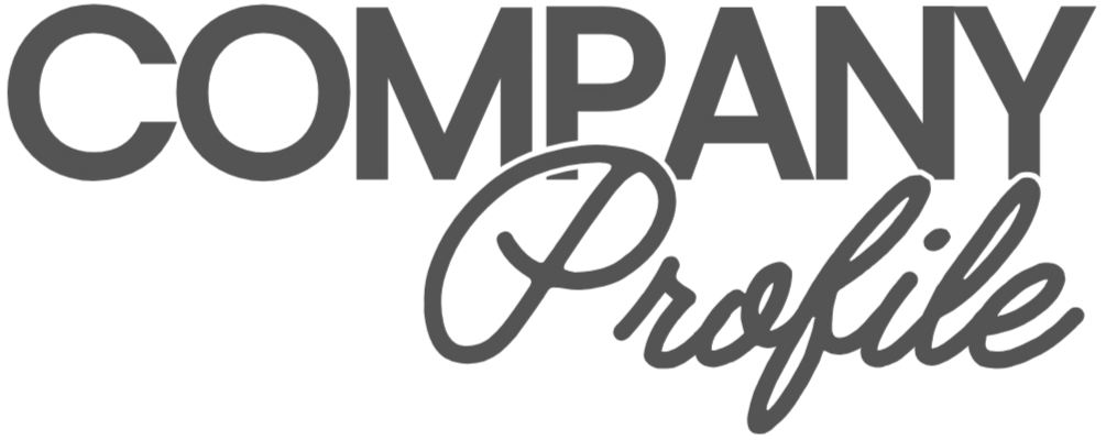 Graphic design with the words 'Company Profile' in stylized font, with 'Company' in bold black uppercase letters and 'Profile' in a cursive script in gray with a white outline.