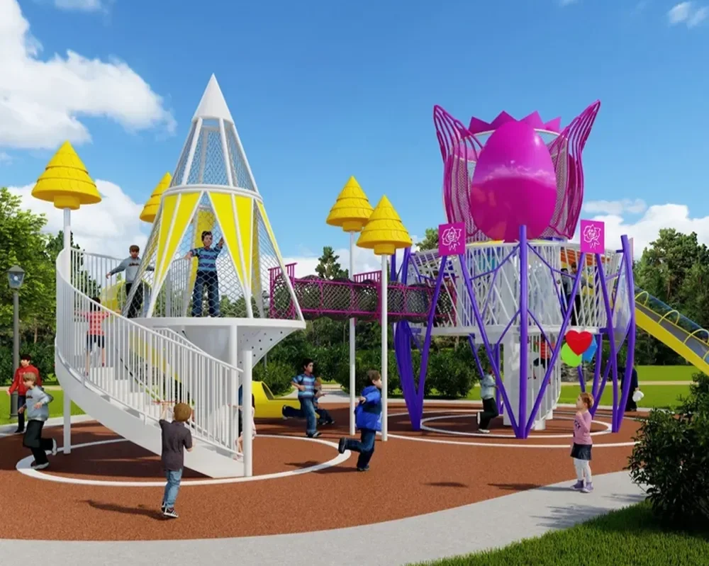 Children playing on a colorful playground with yellow, purple, and pink structures, including a tower, slide, and a large pink flower-shaped play feature, in a park with green trees and a blue sky.