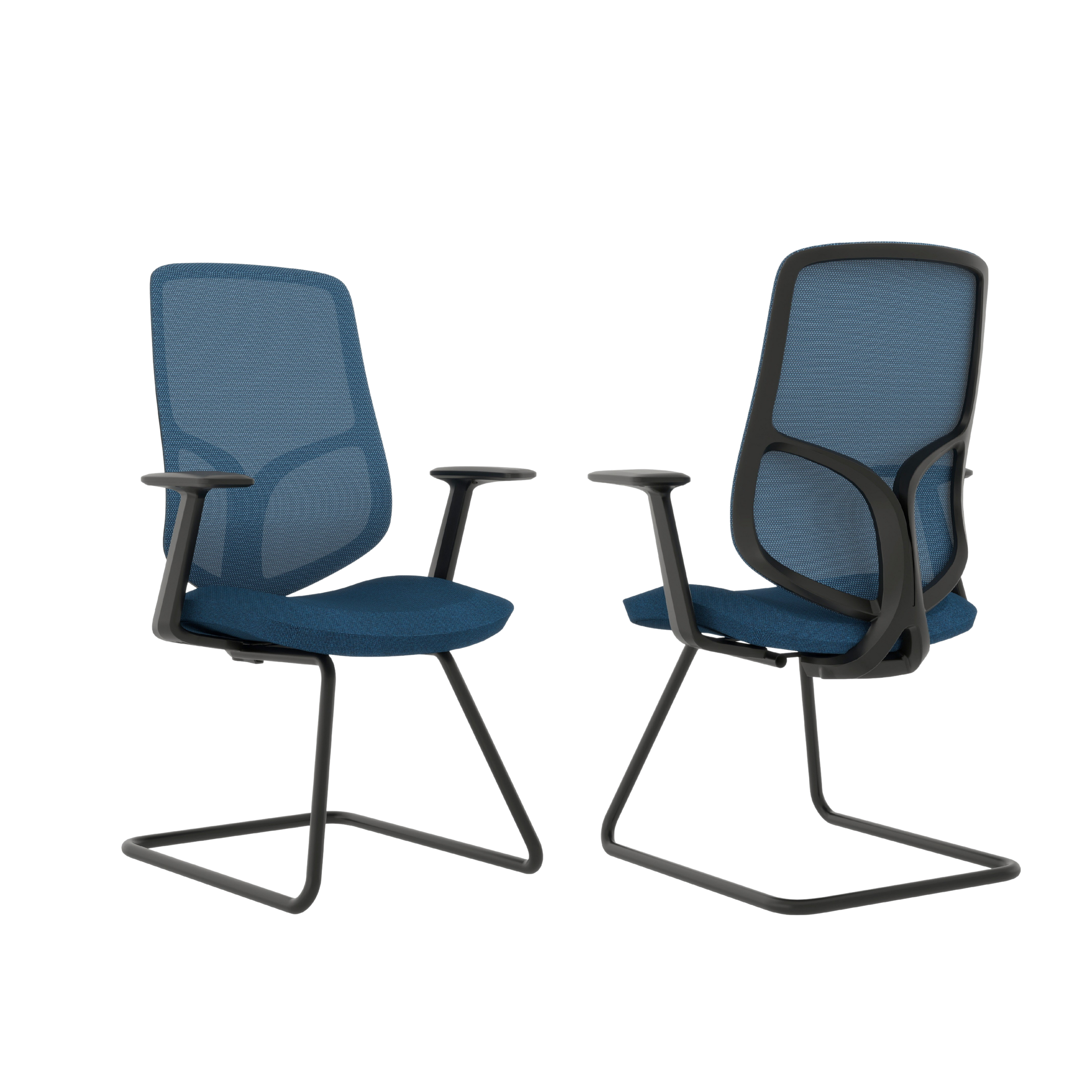 Two office chairs, one with a blue mesh backrest and seat, and the other with a dark frame and blue seat, are positioned around a transparent conference table.