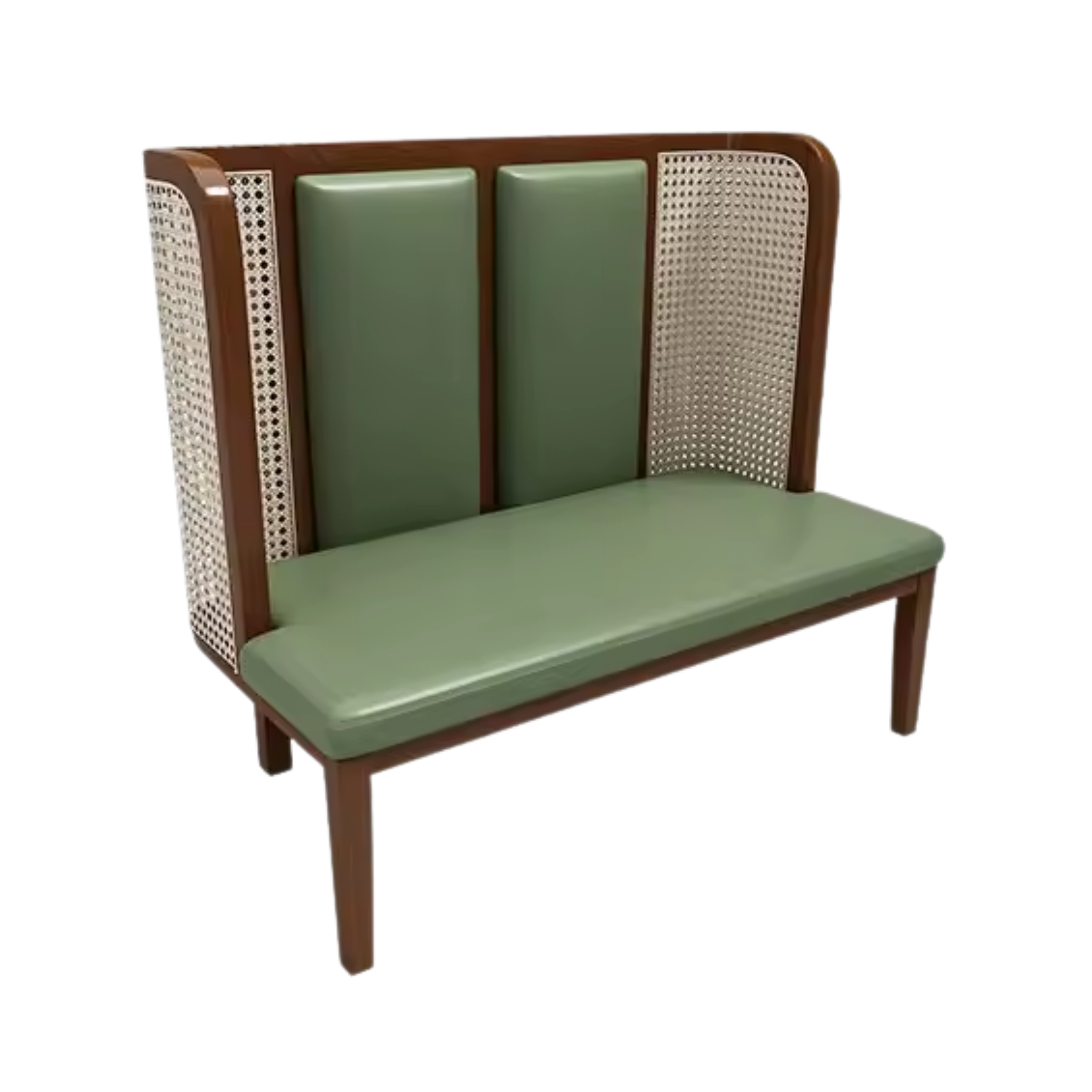 A vintage-style wooden chair with green cushions and cane sides.