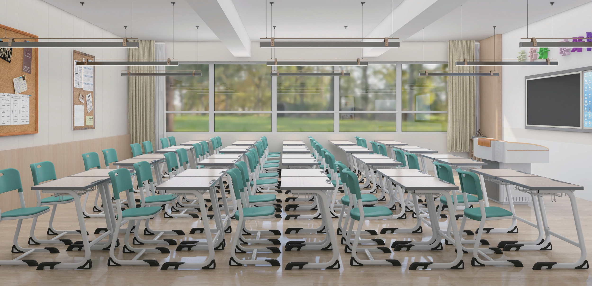 Empty classroom with teal chairs and white desks, large windows at the back, a whiteboard on the right, and cork bulletin boards on the left wall.