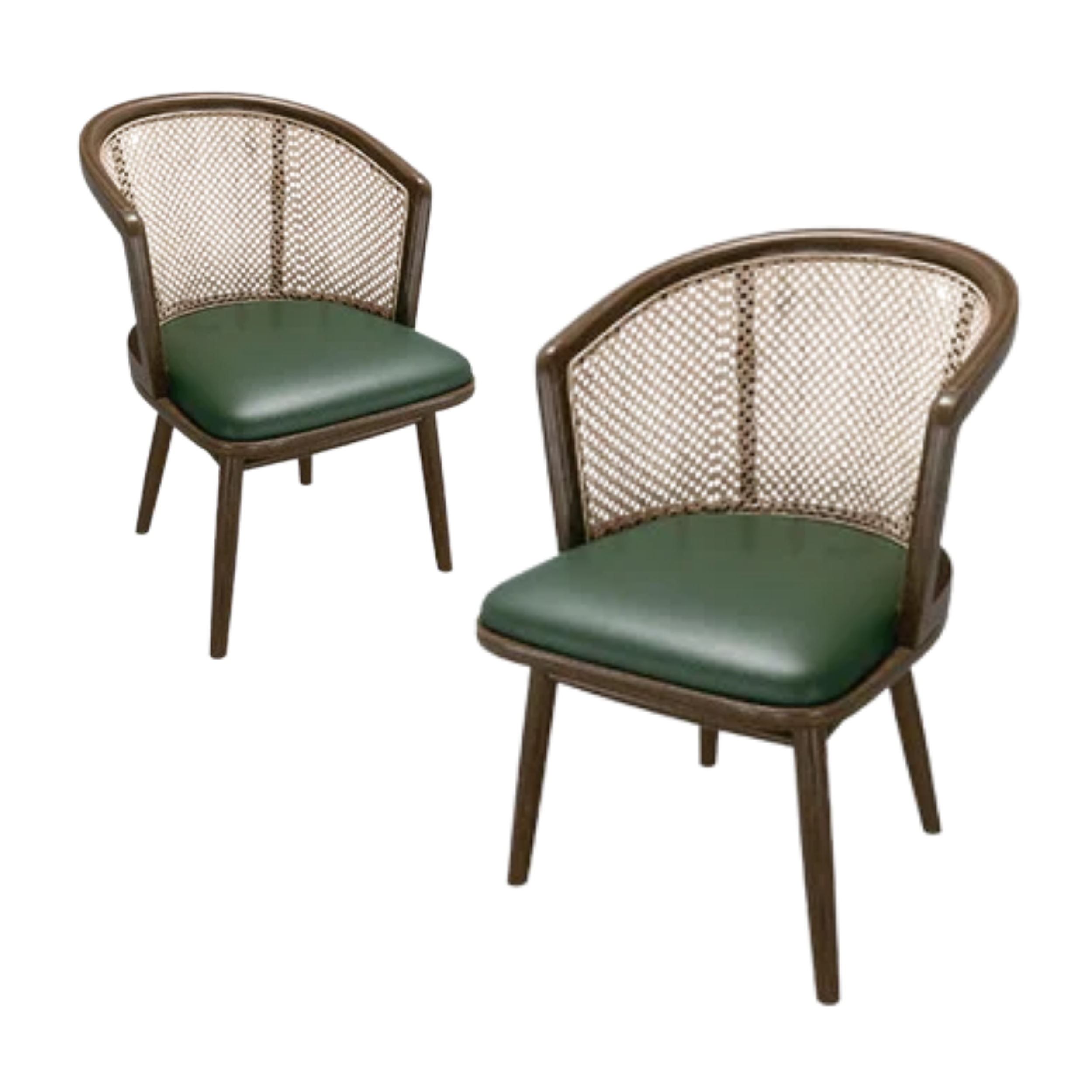 Two vintage wooden chairs with cane backs and green cushioned seats.