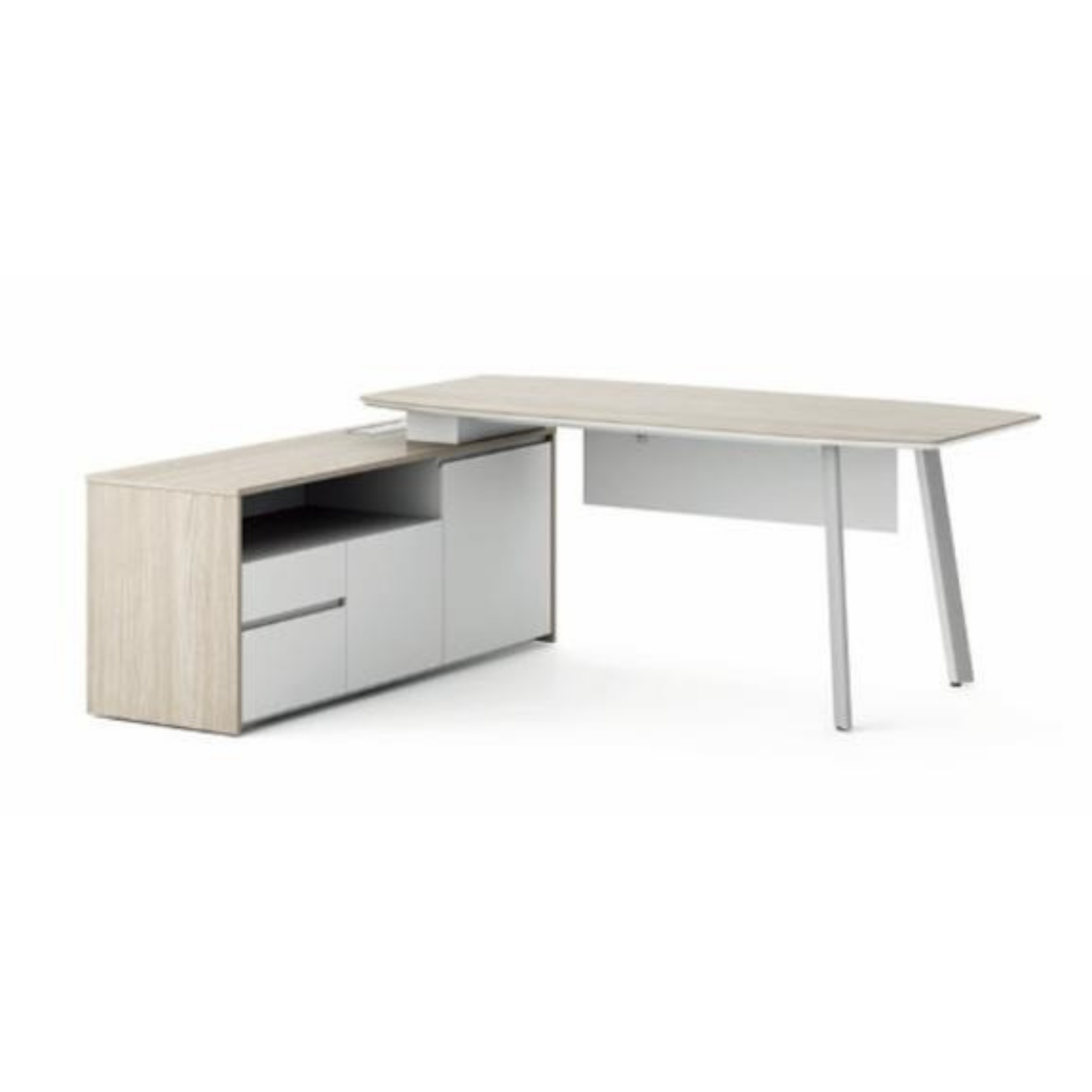 A set of modern, minimalist white and light wood furniture pieces including a small table, a desk, and storage units against a white background.