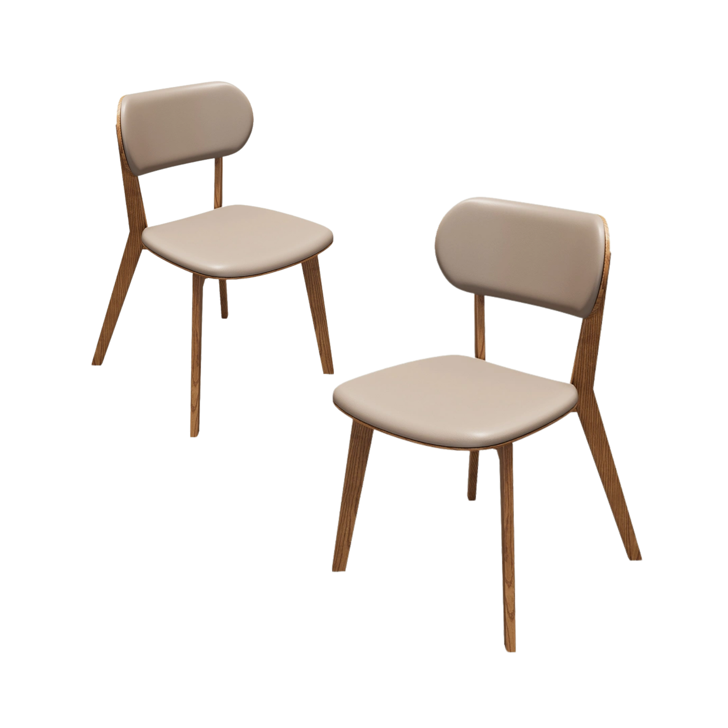 Two modern dining chairs with beige cushioned seats and backrests, and wooden legs and frames, set against a white background.