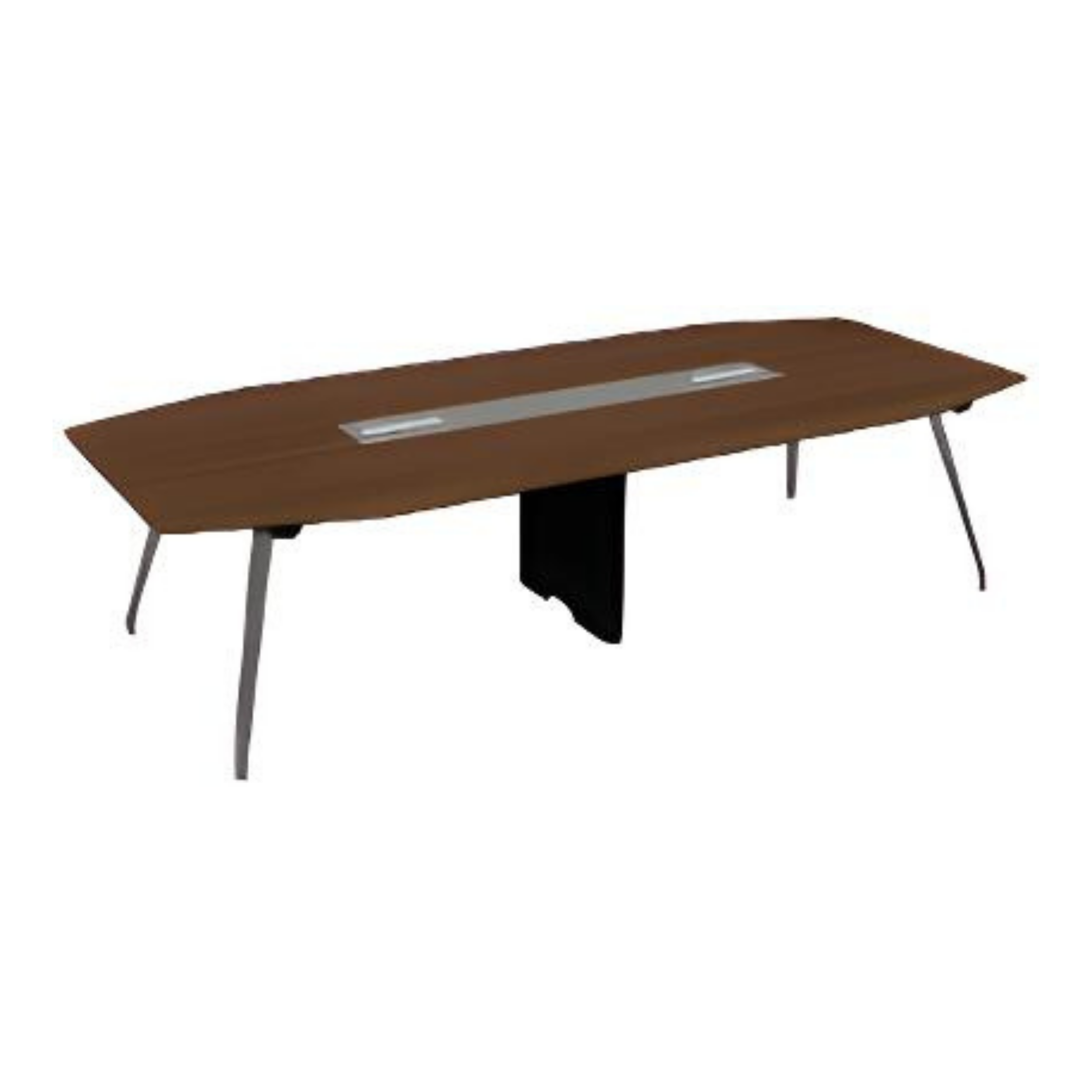 A modern wooden conference table with a built-in power outlet and three black chairs around it, set against a white background.
