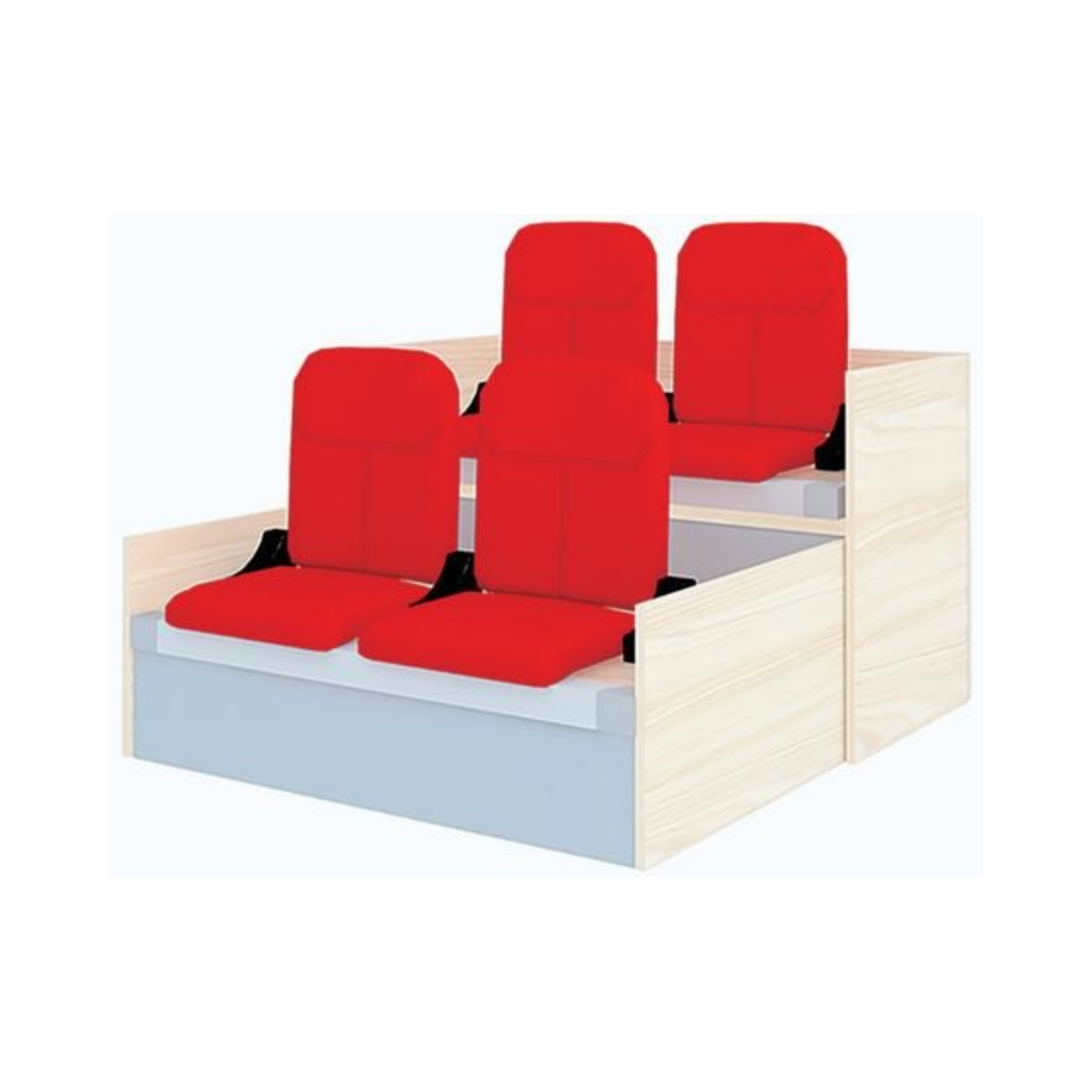 Red theater seats arranged in a row with a beige wooden platform and small white table at the end.