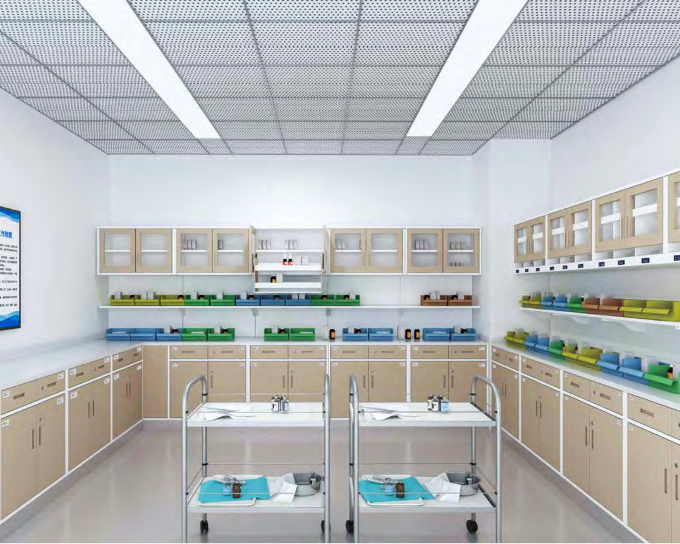 Empty hospital or laboratory sink area with a stainless steel table, wooden cabinets with glass doors, and colored bins on shelves, under a ceiling with fluorescent lights.
