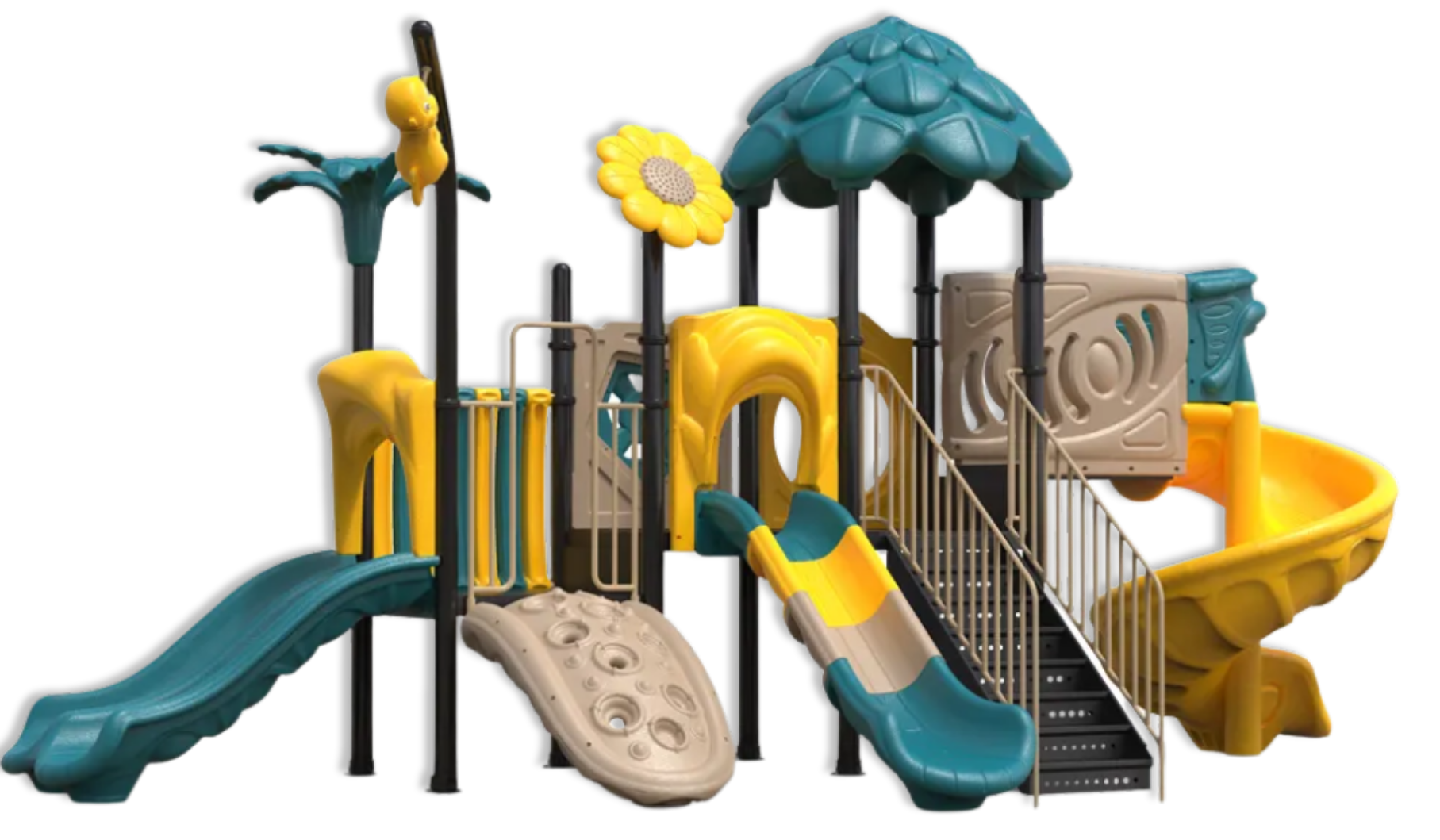 Colorful outdoor playground structure with slides, climbing walls, and a roof, featuring yellow, teal, beige, and black elements.