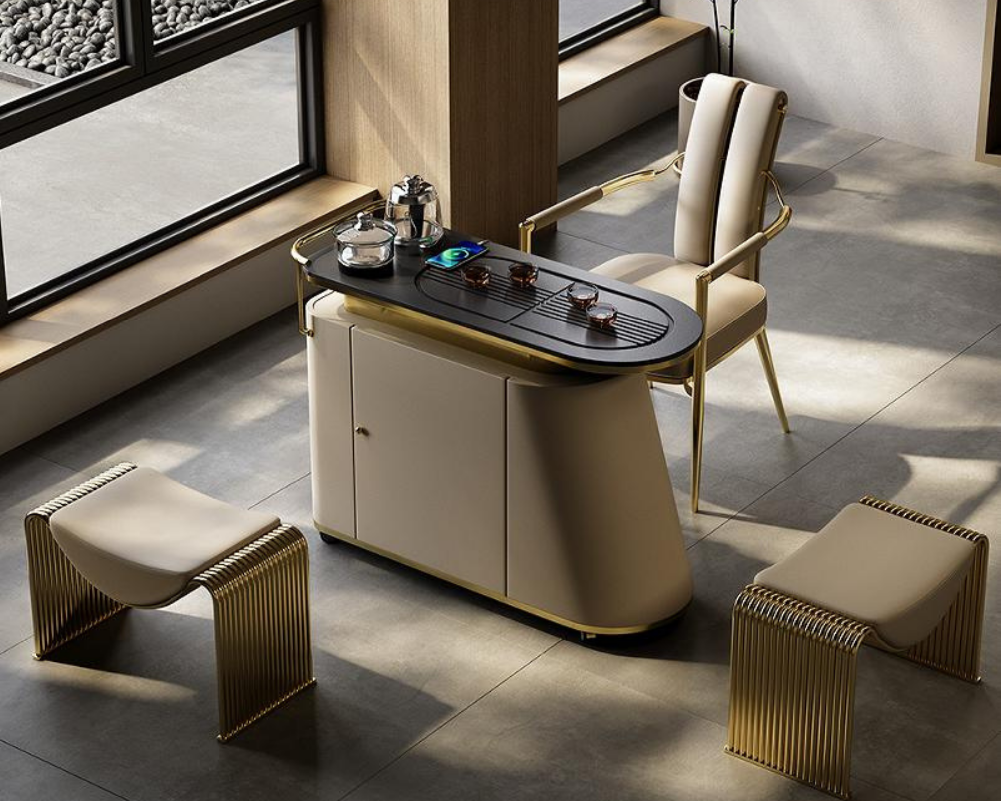 Modern dining area with beige chairs, a black table set with glassware and a smartphone, near a large window with a stone ledge.