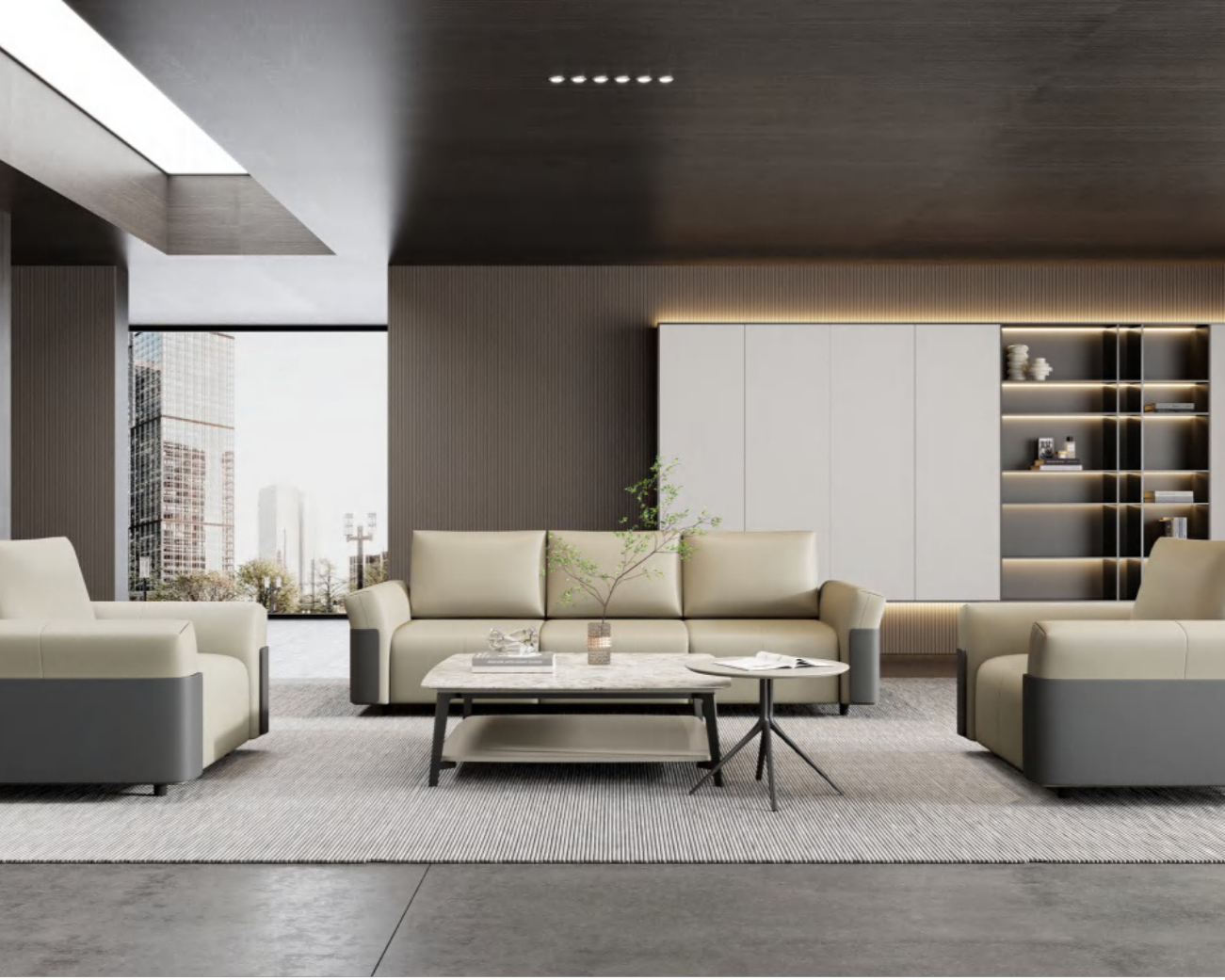 Modern living room with beige sofas, a marble coffee table with a small plant, books, and decorative items, large windows with city view, dark wood ceiling, and built-in shelves with books and decor.