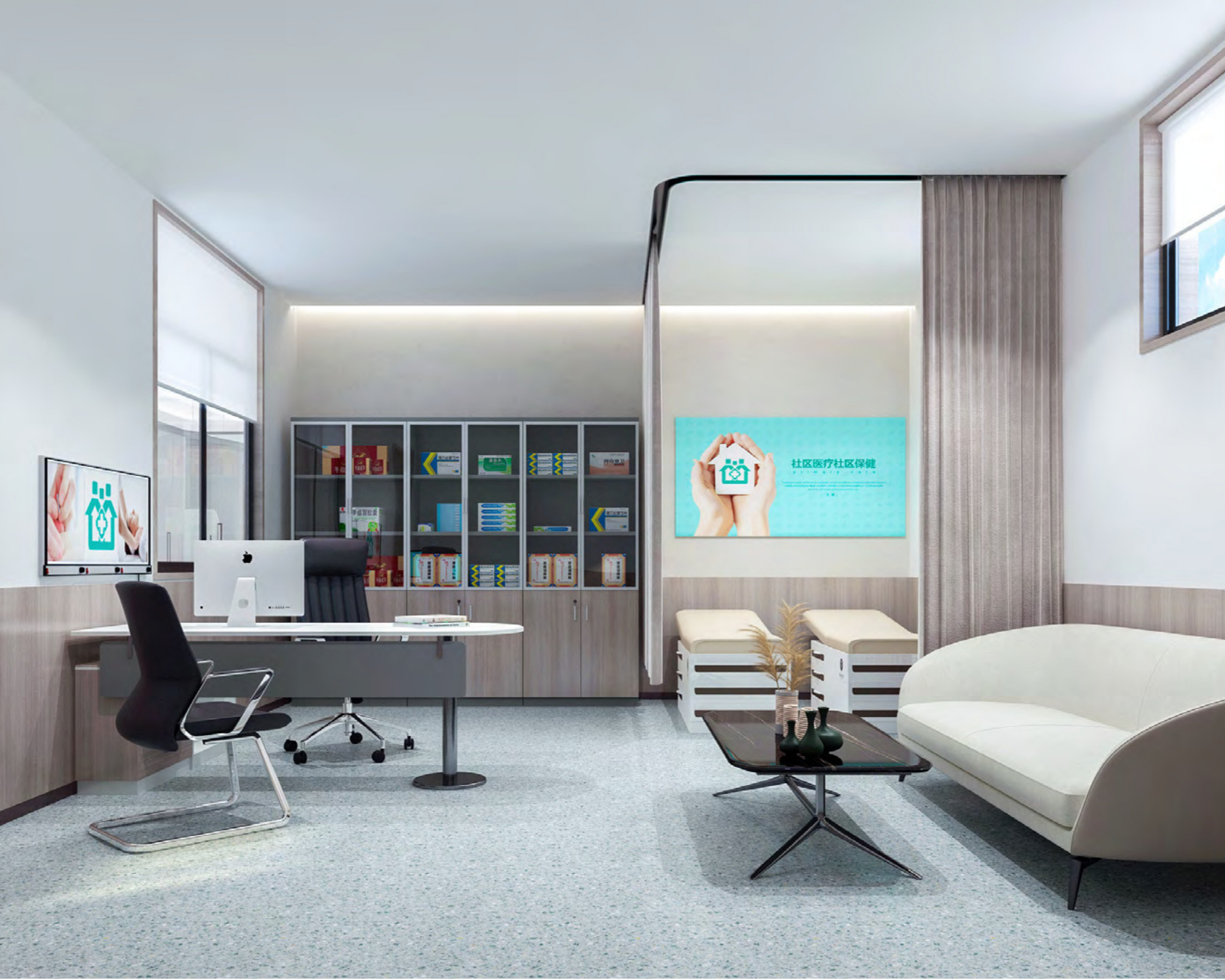Modern office interior with a desk, two chairs, a bookshelf with books and files, a computer, a sofa, coffee table with decor, and digital screens displaying health-related graphics.