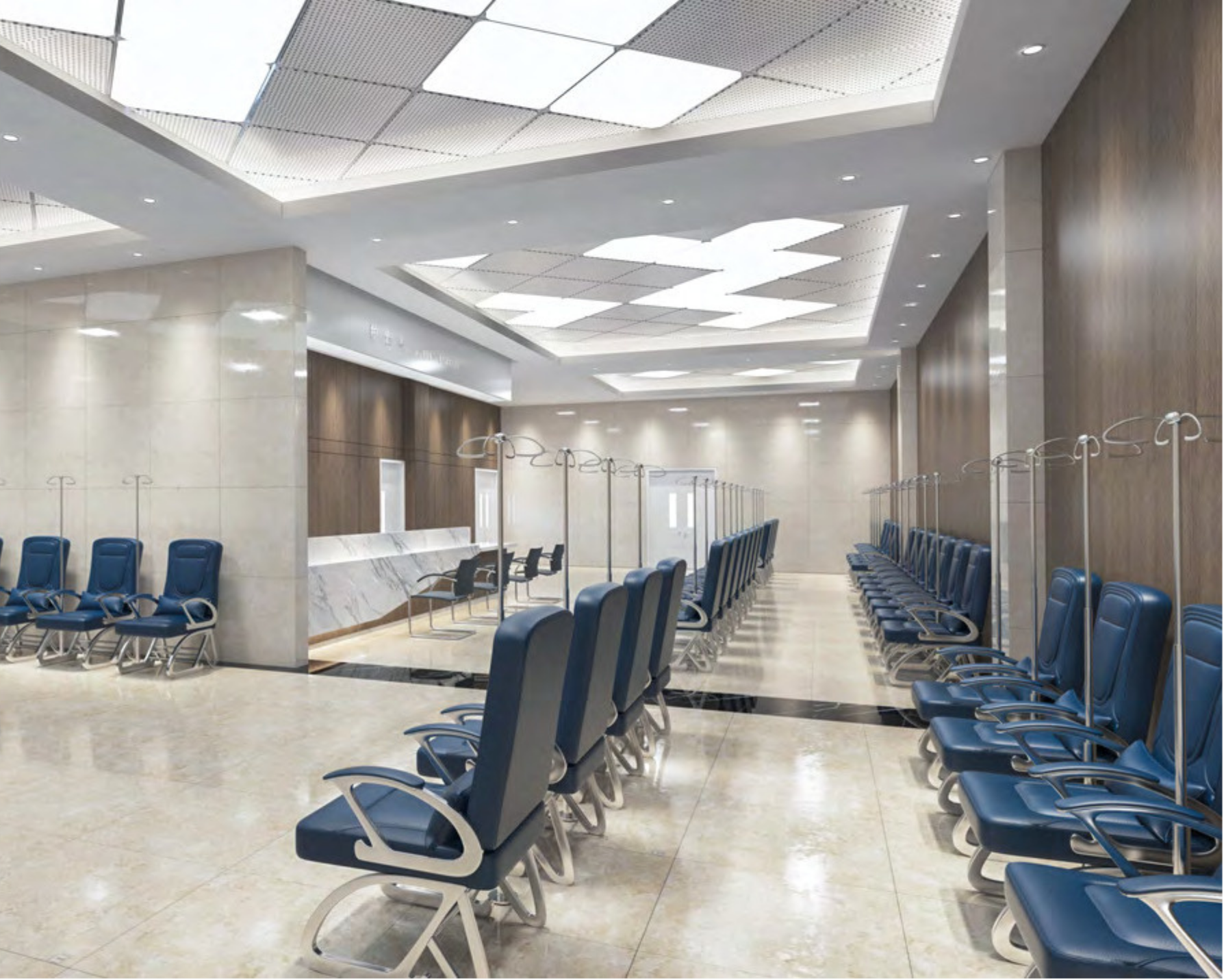 An empty hospital or airport waiting room with rows of blue chairs, marble flooring, and a reception desk in the background. Ceiling has modern geometric panel design with lighting.
