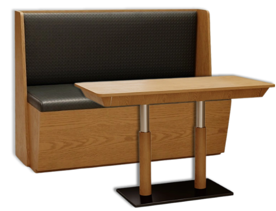 Booth-style seating with a wooden table in front.